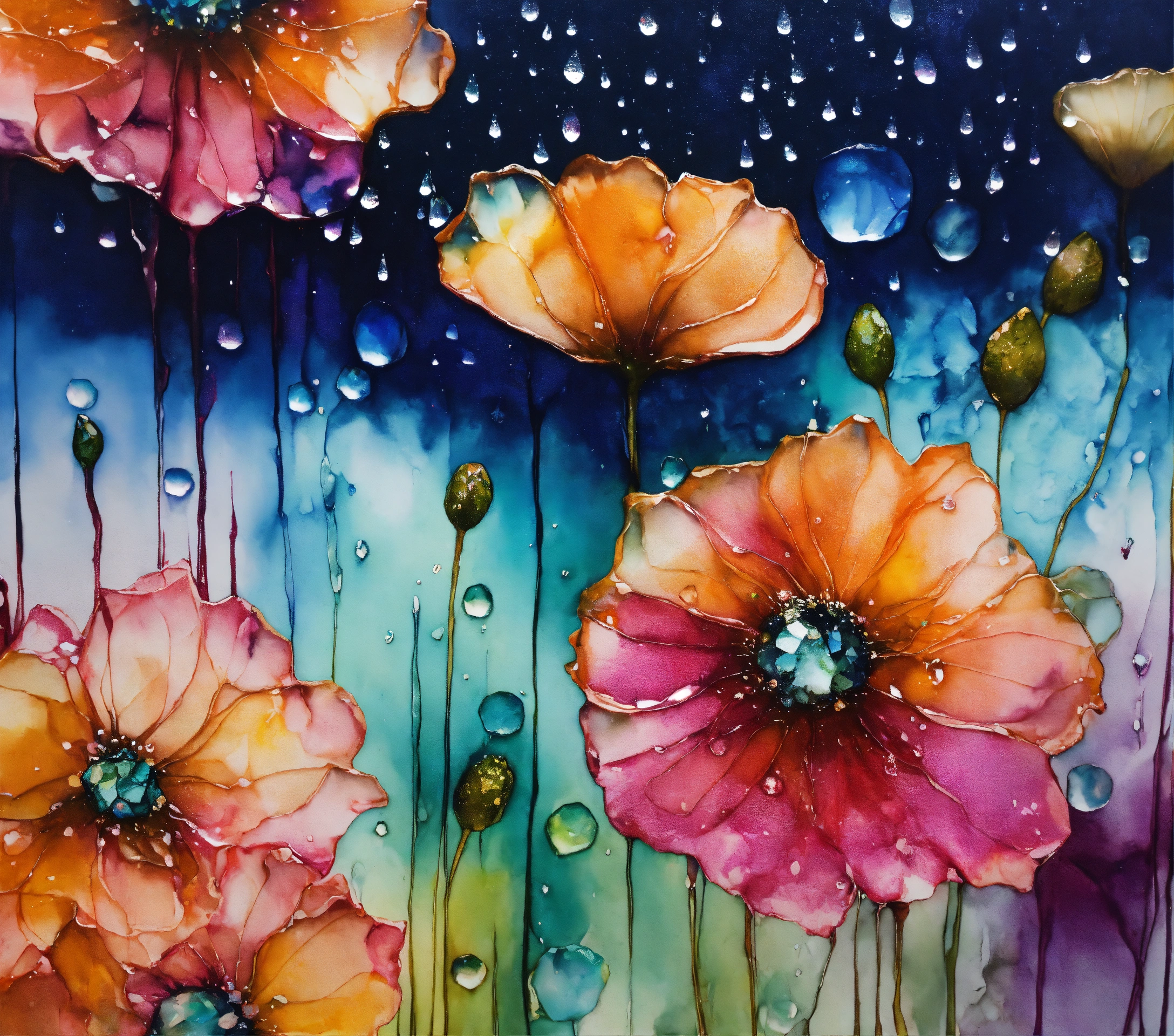 Lexica - Alcohol ink, void flowers with crystal rain drops