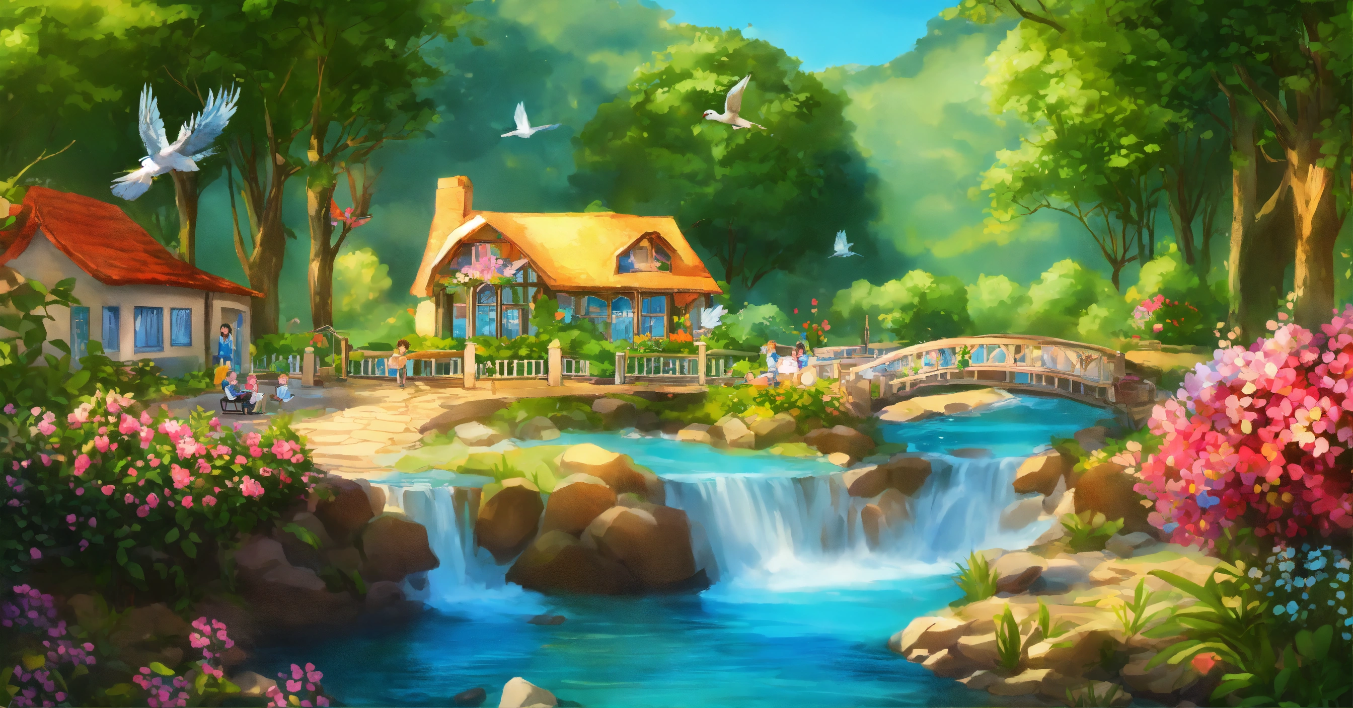 Lexica - Nice small garden along a river, waterfall nearby, surrounded ...