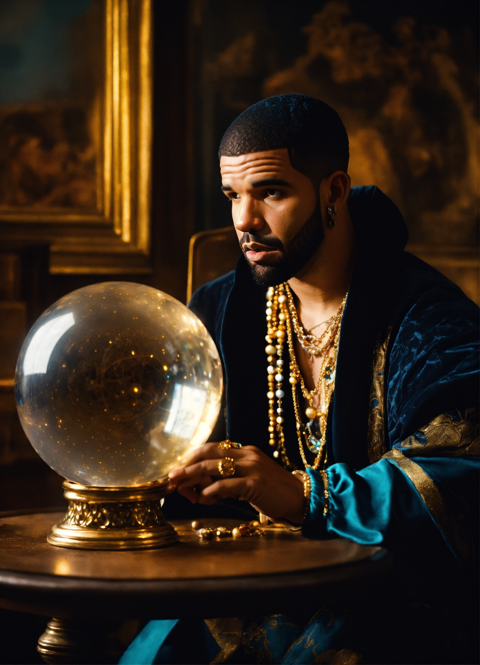 Lexica - Create a photo of drake as a fortune teller, sitting in a dark ...