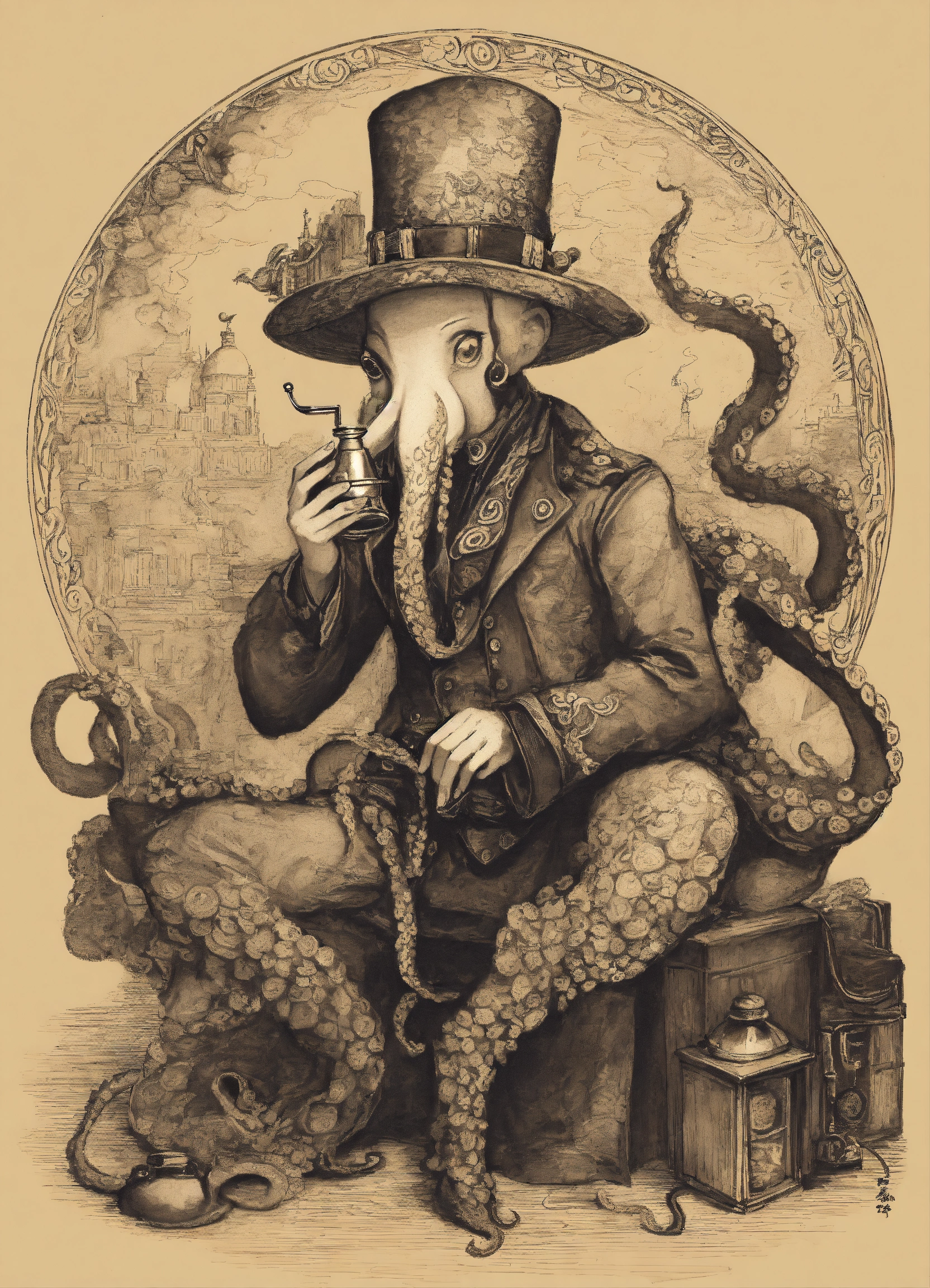Lexica - Ink drawing of a scene of an octopus smoking a pipe and ...