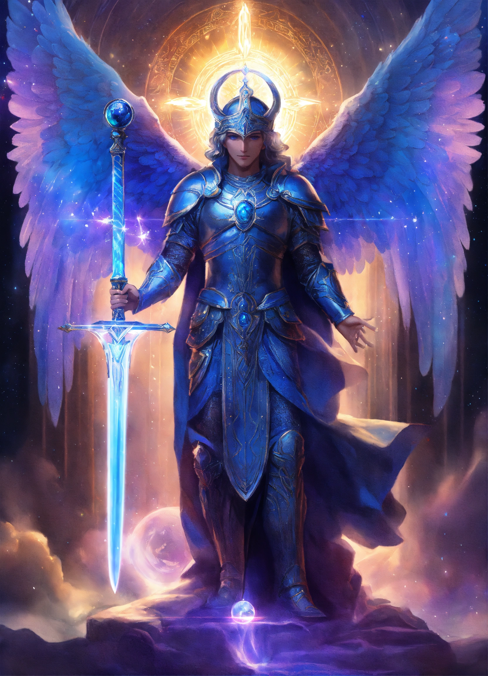 Lexica - Archangel Michael with angukar visage, blue bumps of light ...