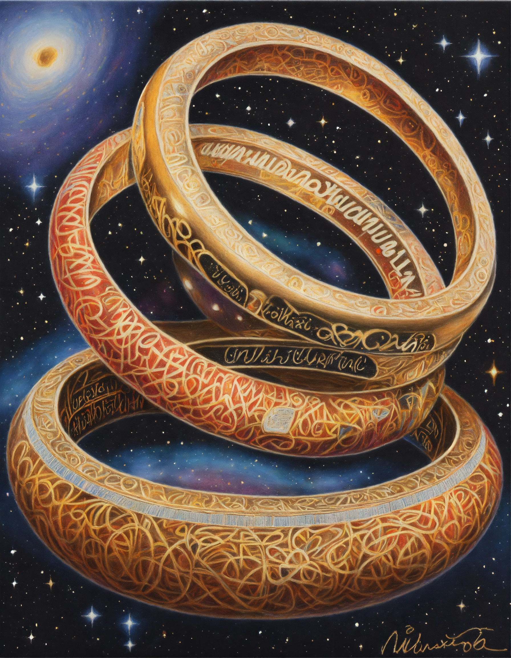 Lexica - Realistic colored pencil drawing of two large gold rings ...