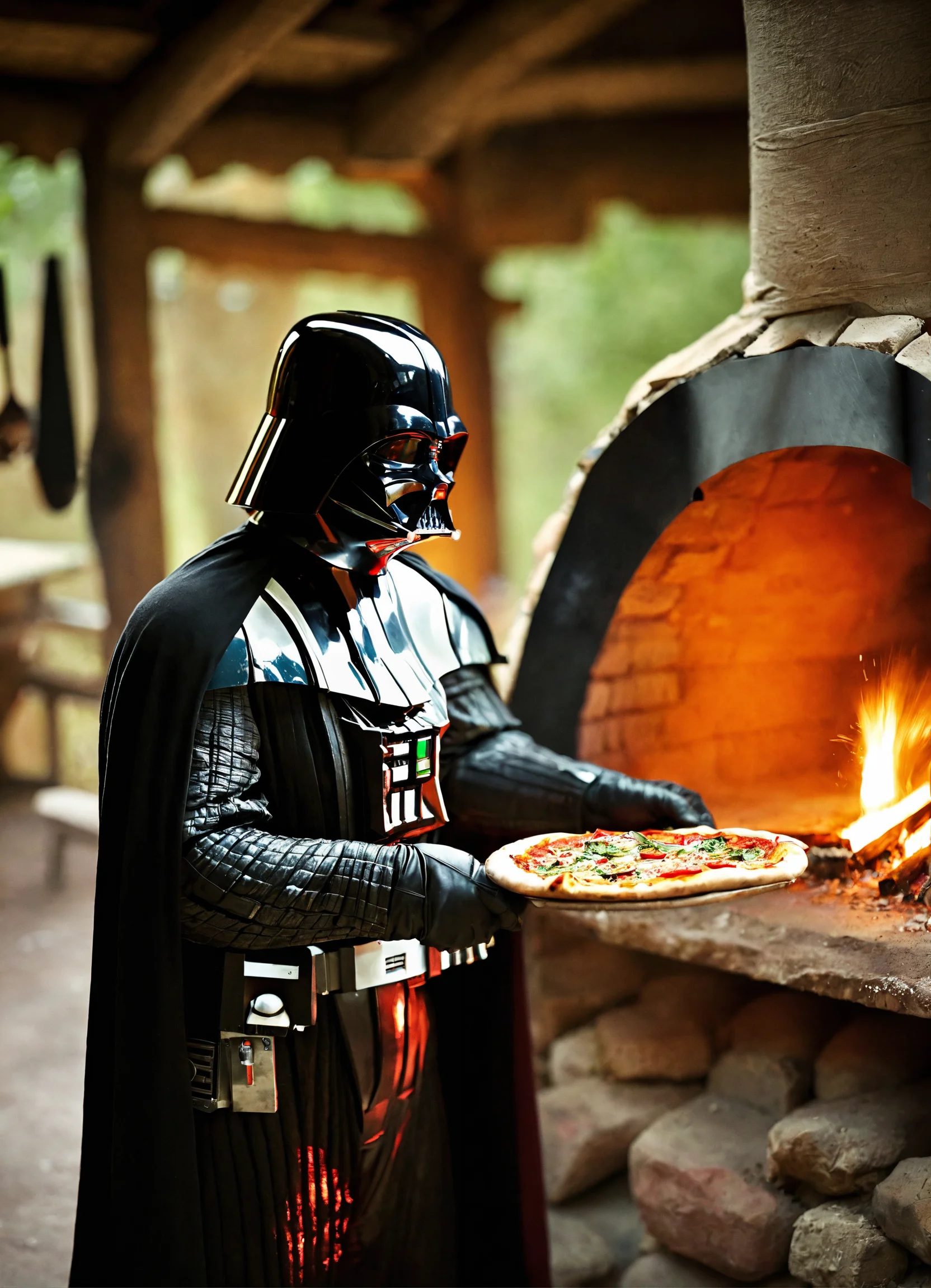 Lexica - Darth Vader baking pizza in front of a wood-fired oven, portra 400