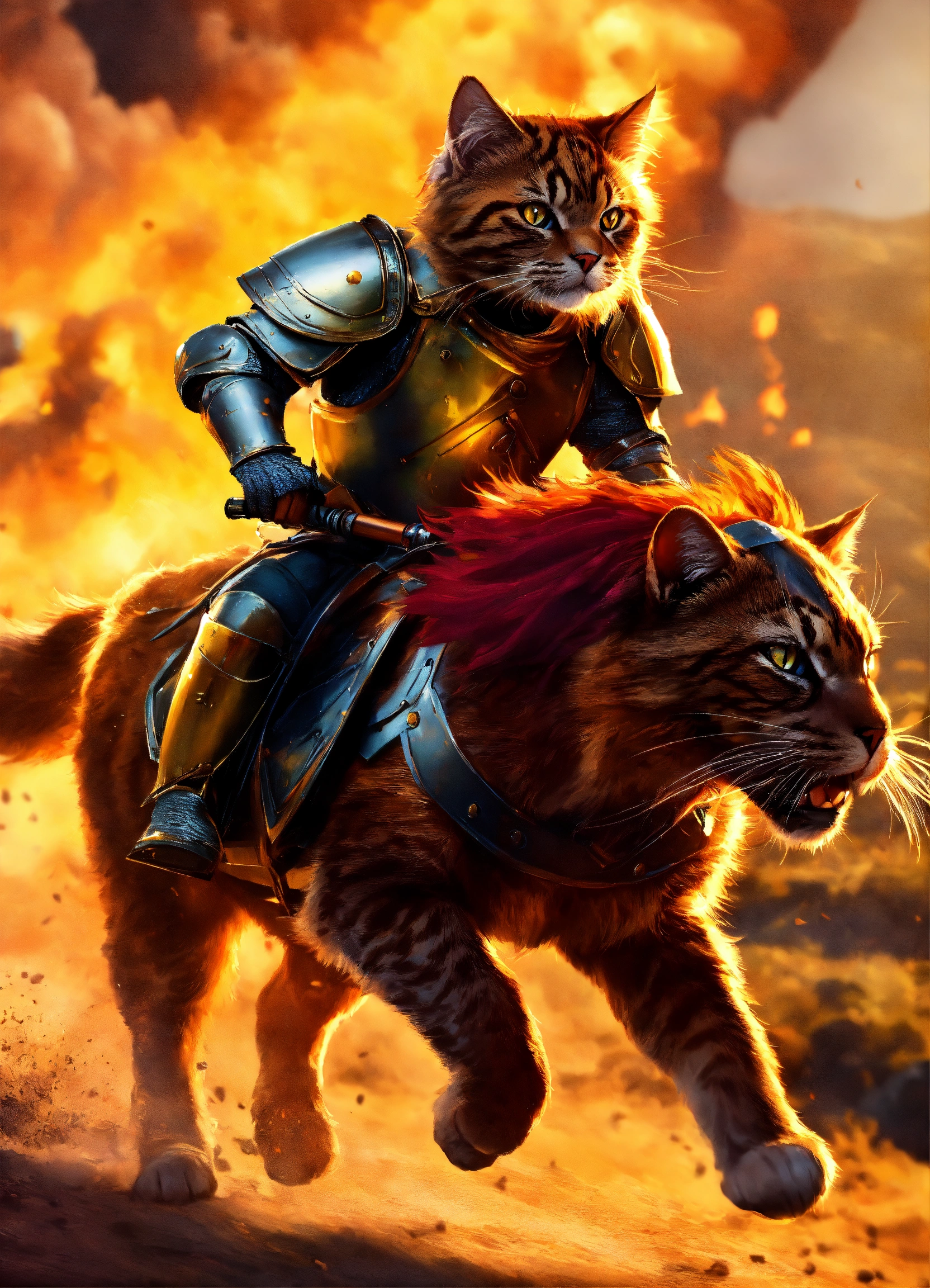 Lexica - A battle cat wearing armor, running across a battlefield ...