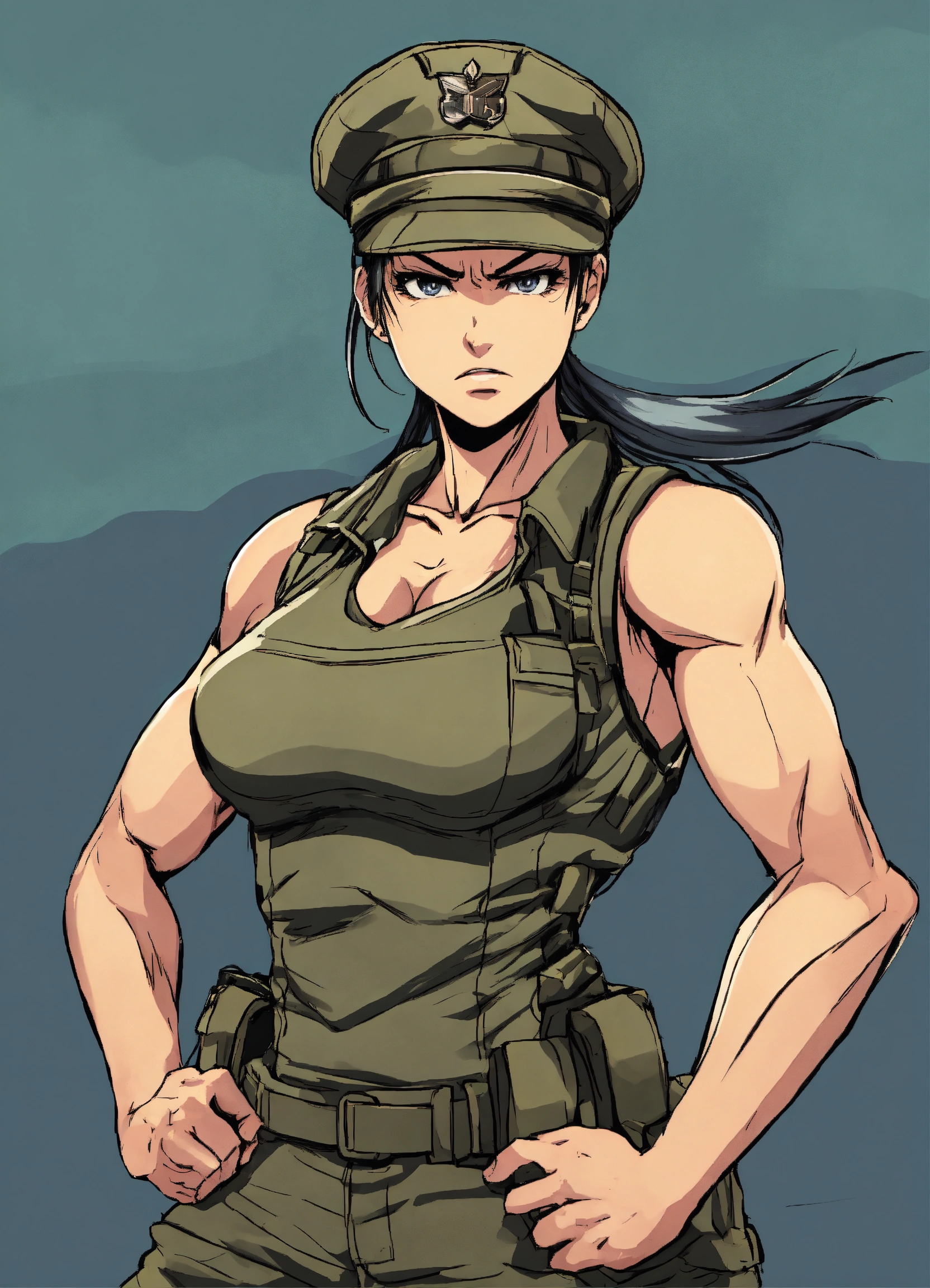 Lexica - Angry muscular women, with military cap, military clothes, 2D  manga anime style.