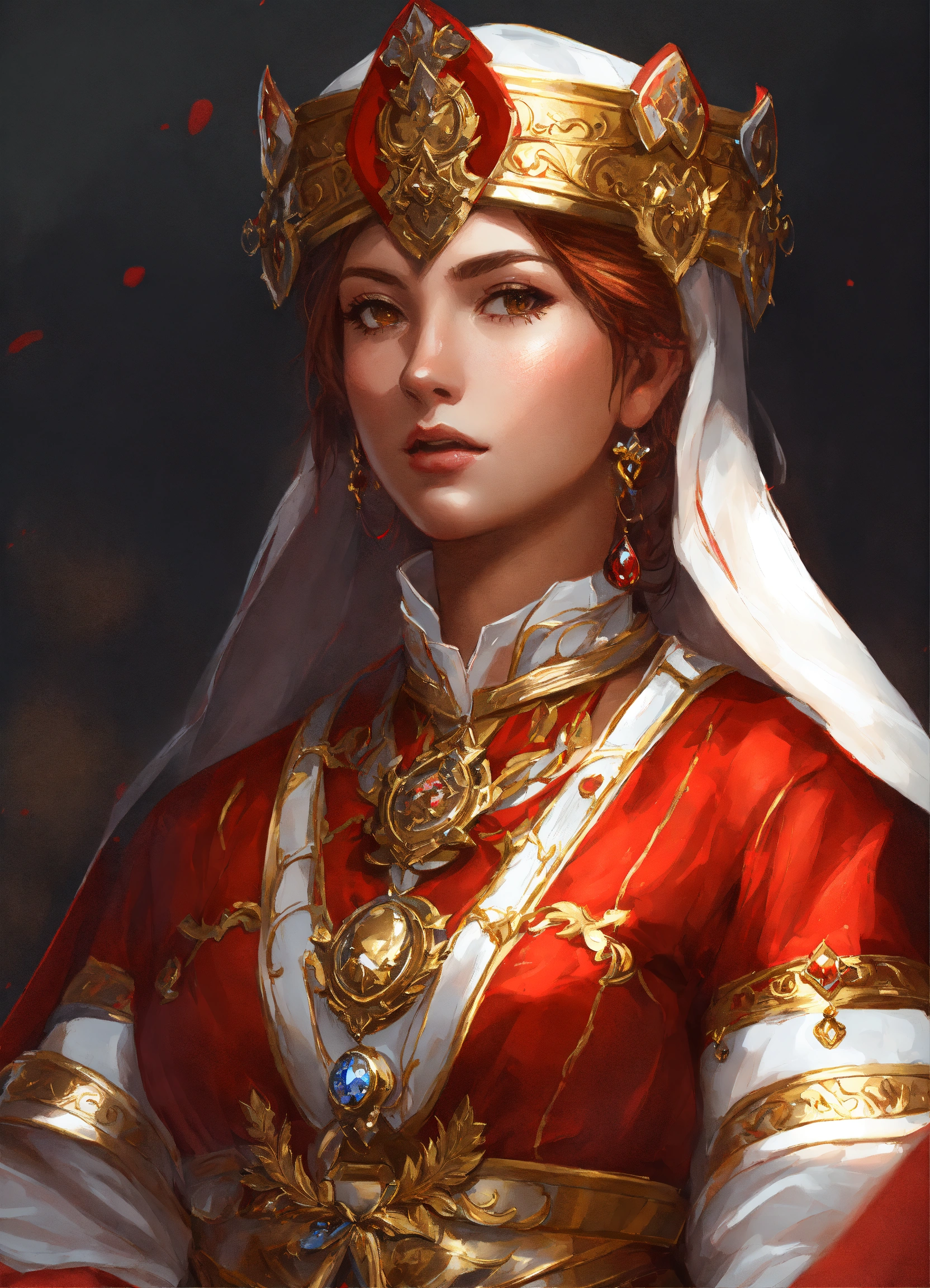 Lexica - Praios female cleric, red and white clothes, gold details ...