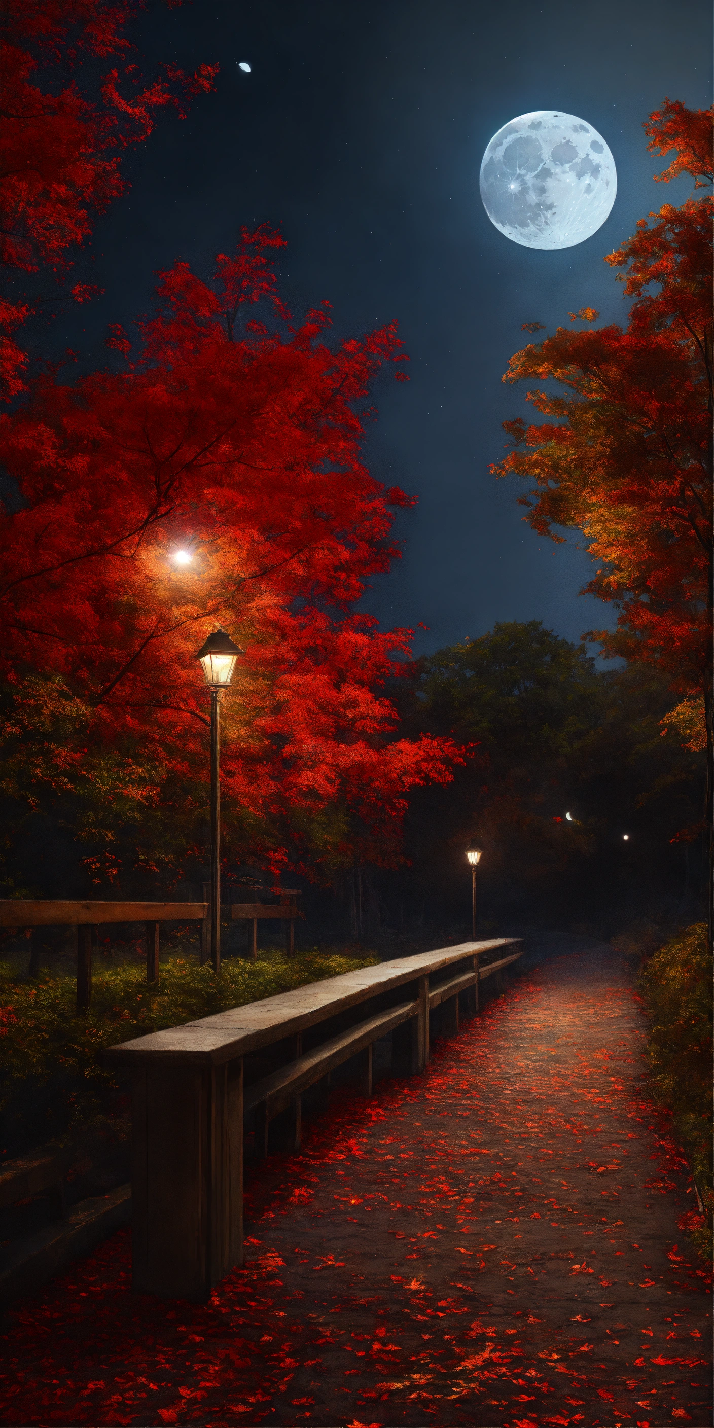 Lexica - Magical, moon, autumn, nightscape, red leaves, realistic,16k ...