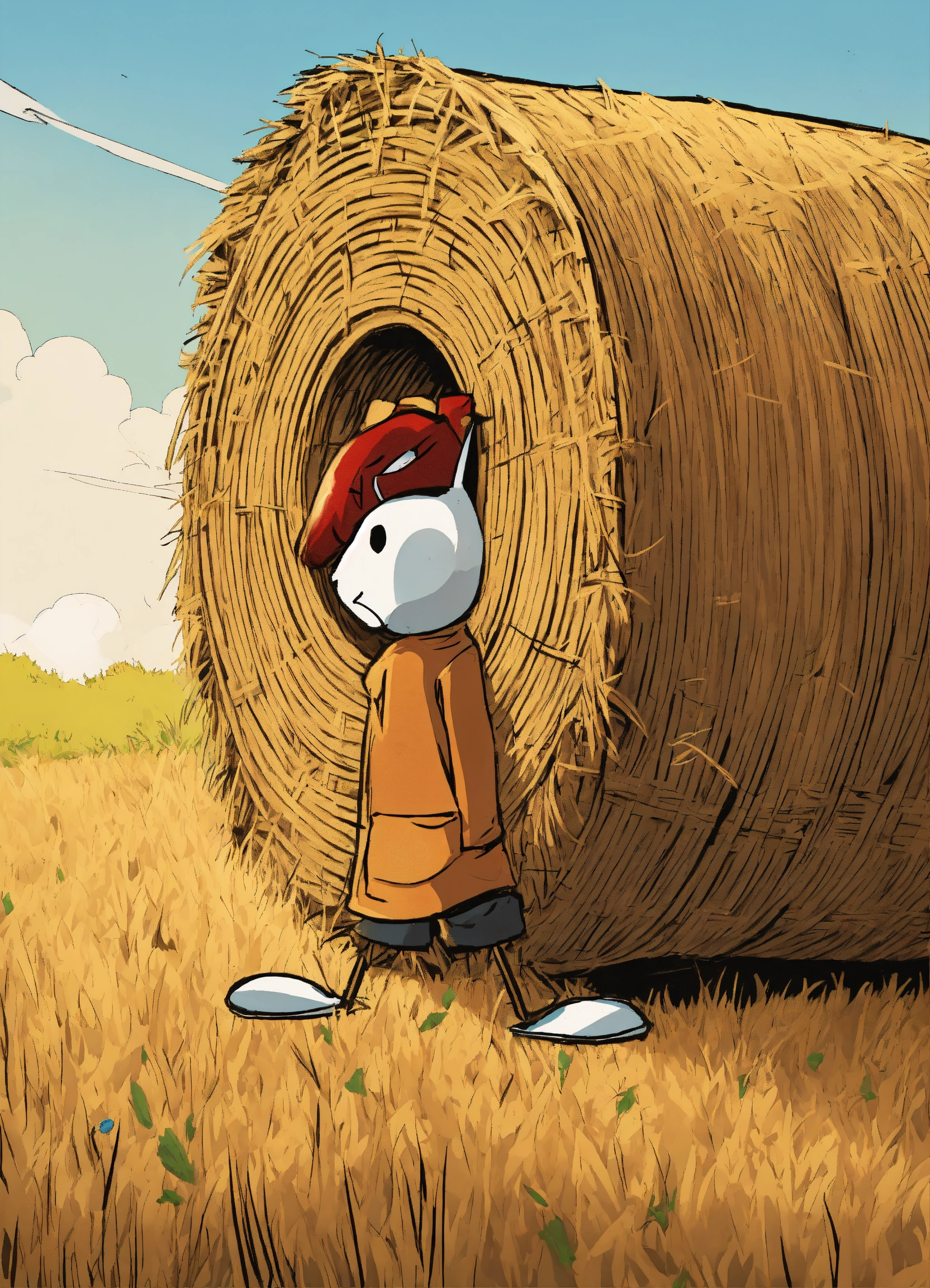 Lexica - A cartoon character , head is just out the bale of straw, comics