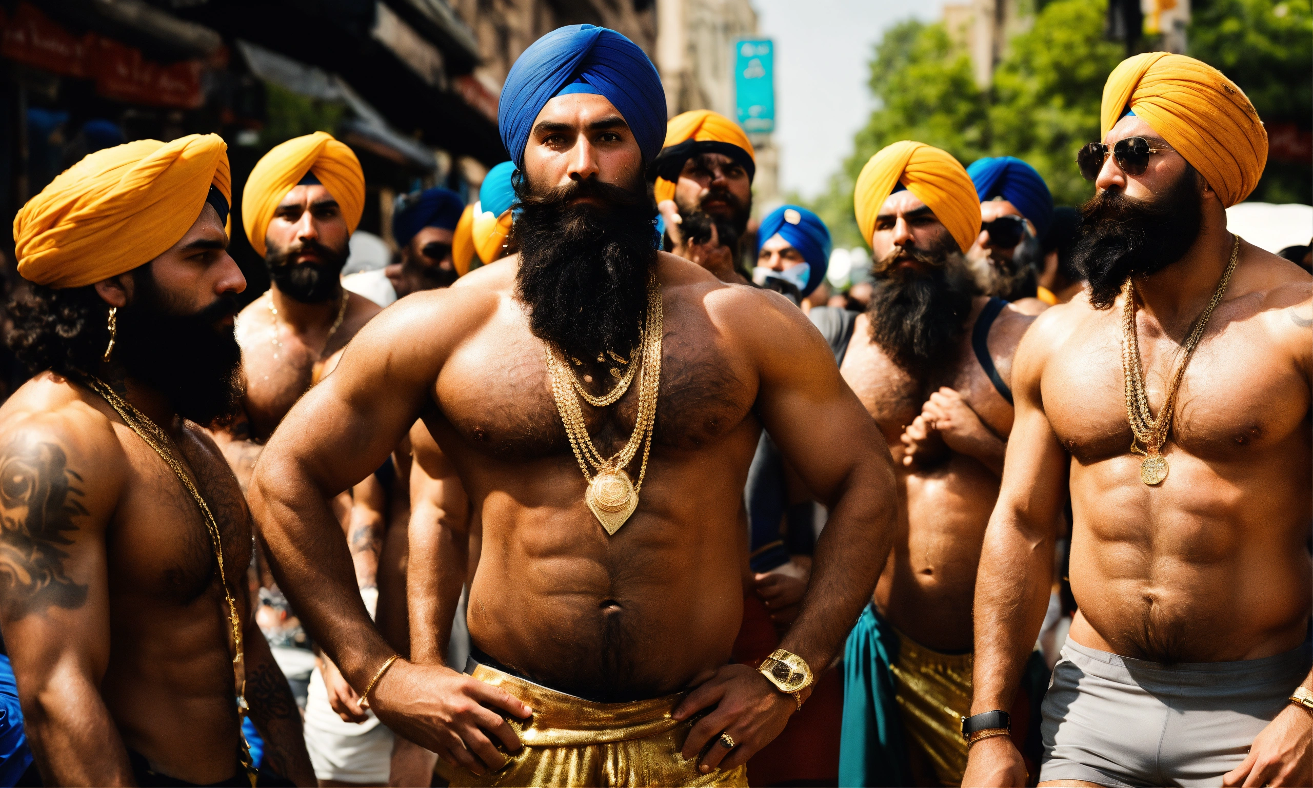Lexica - A high fashion photo,group of burly hairy manly sikh men ...