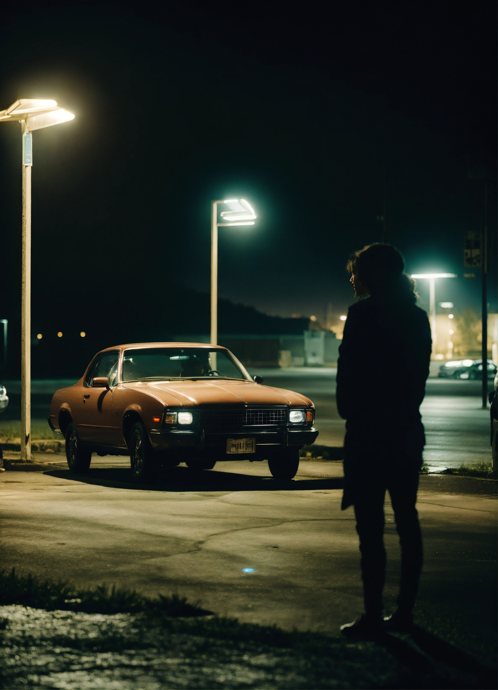 Lexica - In a dimly lit parking lot, a young couple sits in their car ...