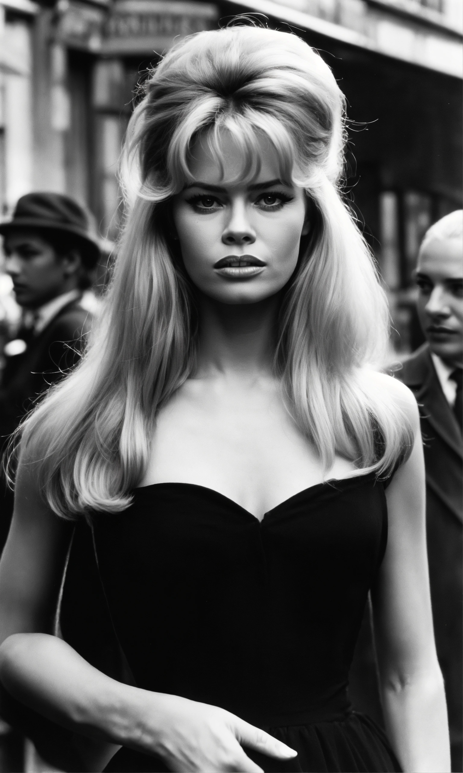 Lexica - Brigitte Bardot, body plan, face view, black dress, paris 1960,  realistic, black and white photography style