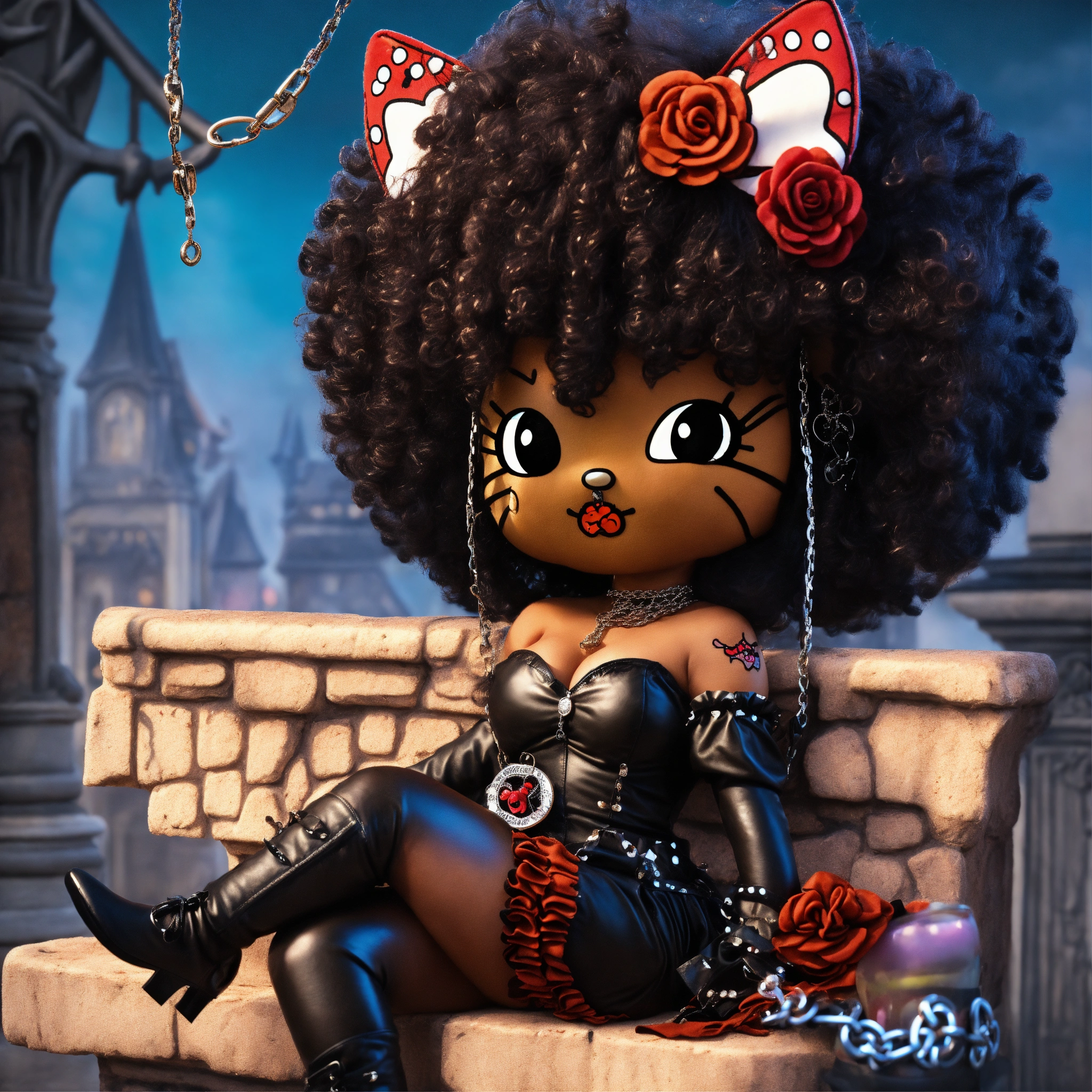 Lexica - Adult Afrocentric Sanrio cartoon Brown Hello Kitty with Betty Boop  style hair dressed in a gothic leather and chain outfit for Halloween. Ha...