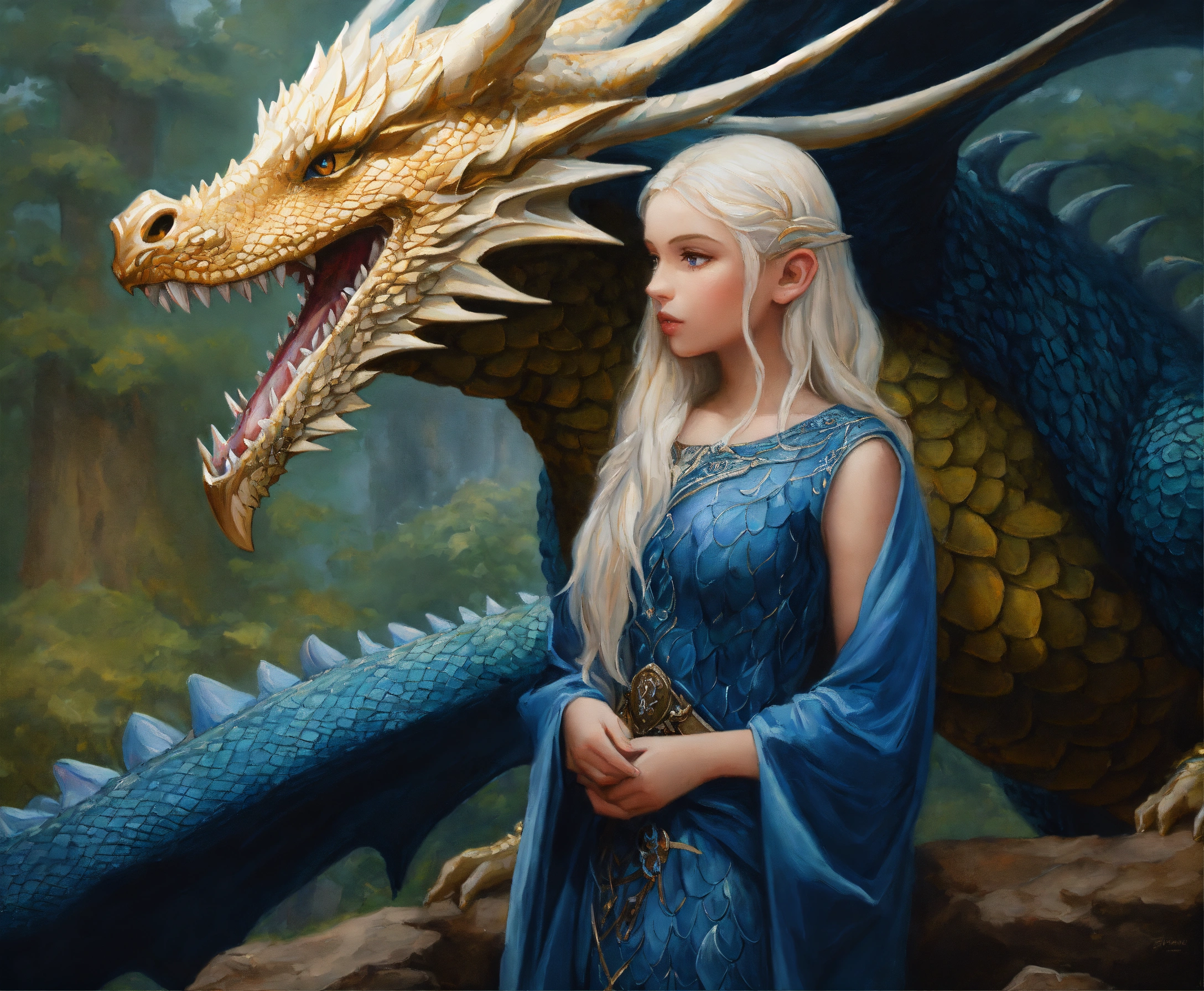Lexica - Oil painting of a magnificent dragon with dark blue scales and ...
