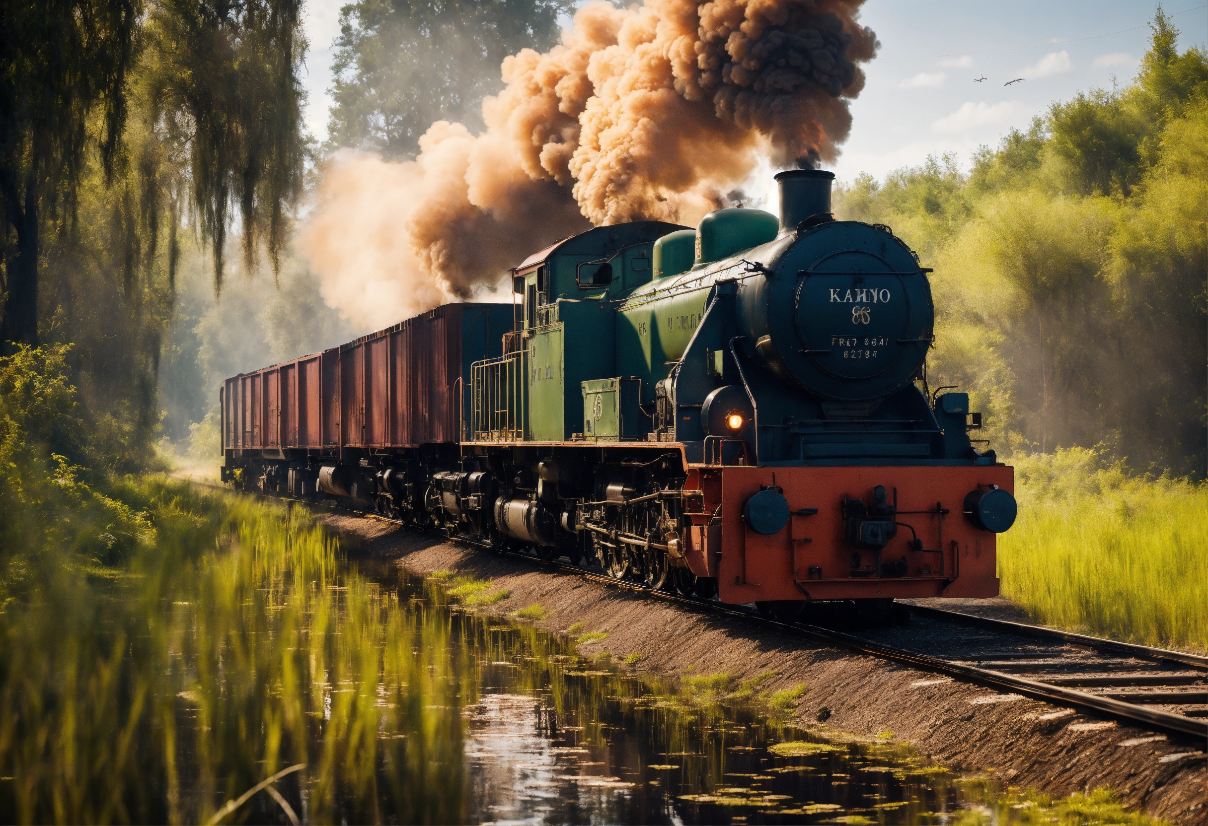 Lexica - High quality,quality8k,Flame-patterned freight train running ...