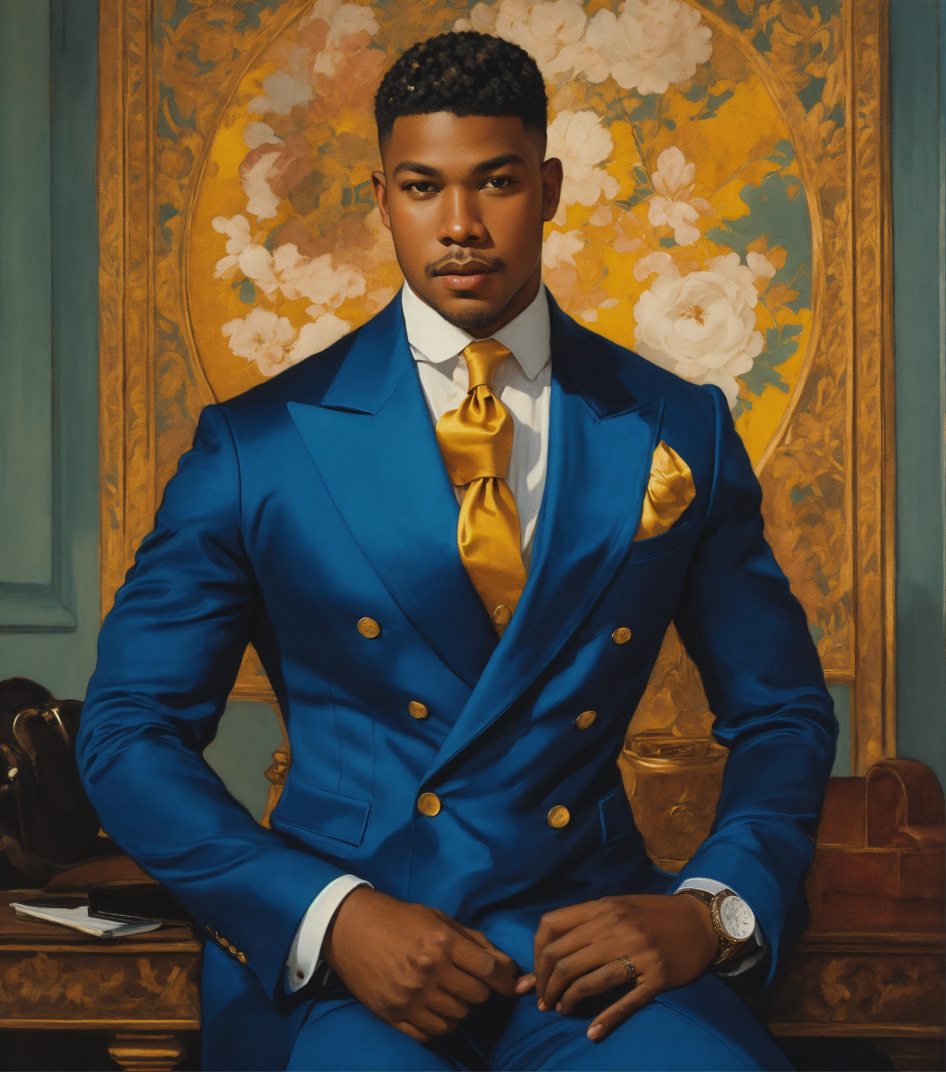 Lexica Portrait of a young black businessman in 6 button double breasted suit Leyendecker style