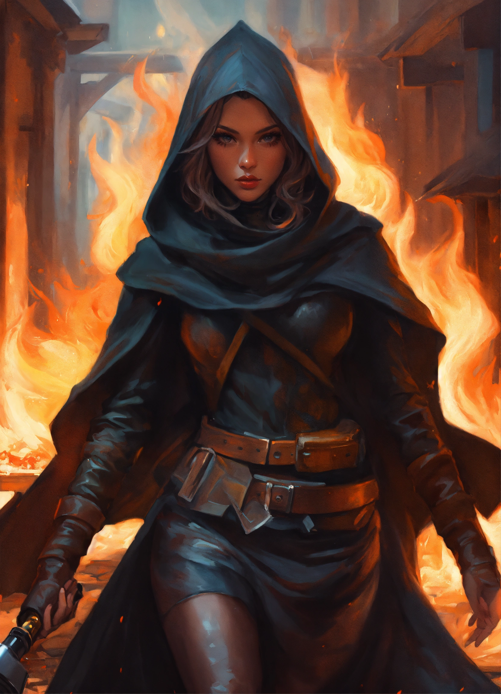 Lexica - Fantasy Painting, medieval female Thief in black cowl, places ...