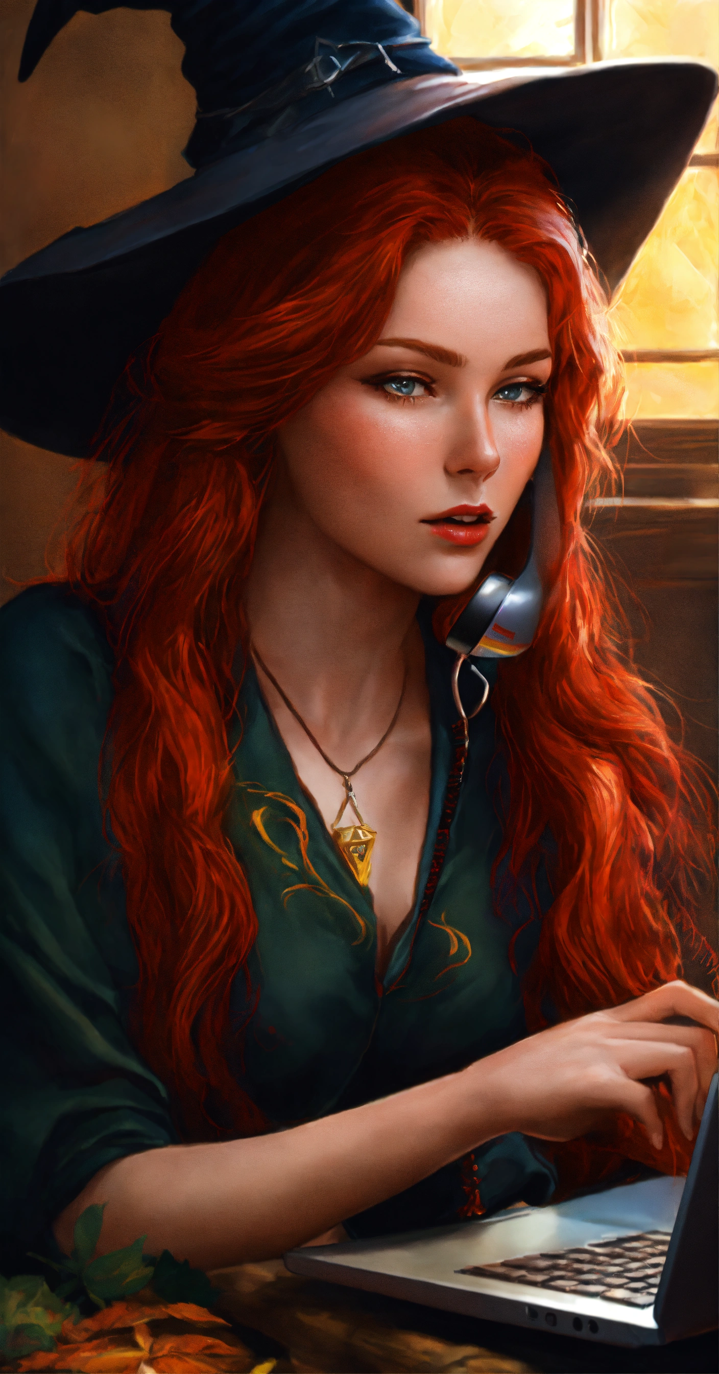 Lexica - Redhead witch on the phone on her computer realistic