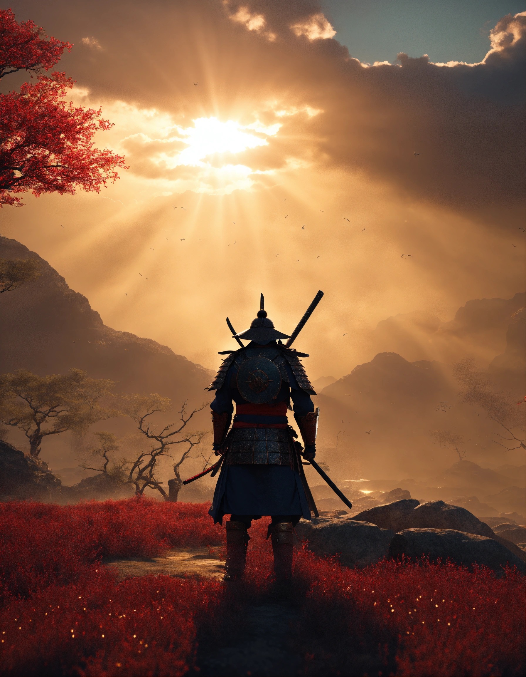 Lexica - Peculiar environment with god rays, samurai warrior, 8K ...