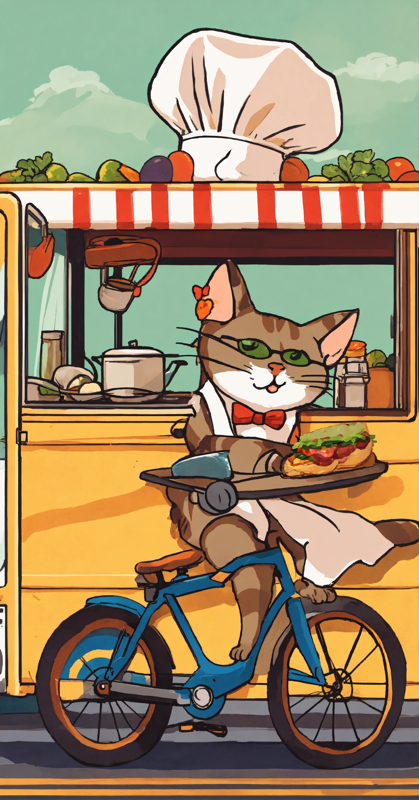 Lexica - Create a picture of a cat riding a bike as a chef in a food ...
