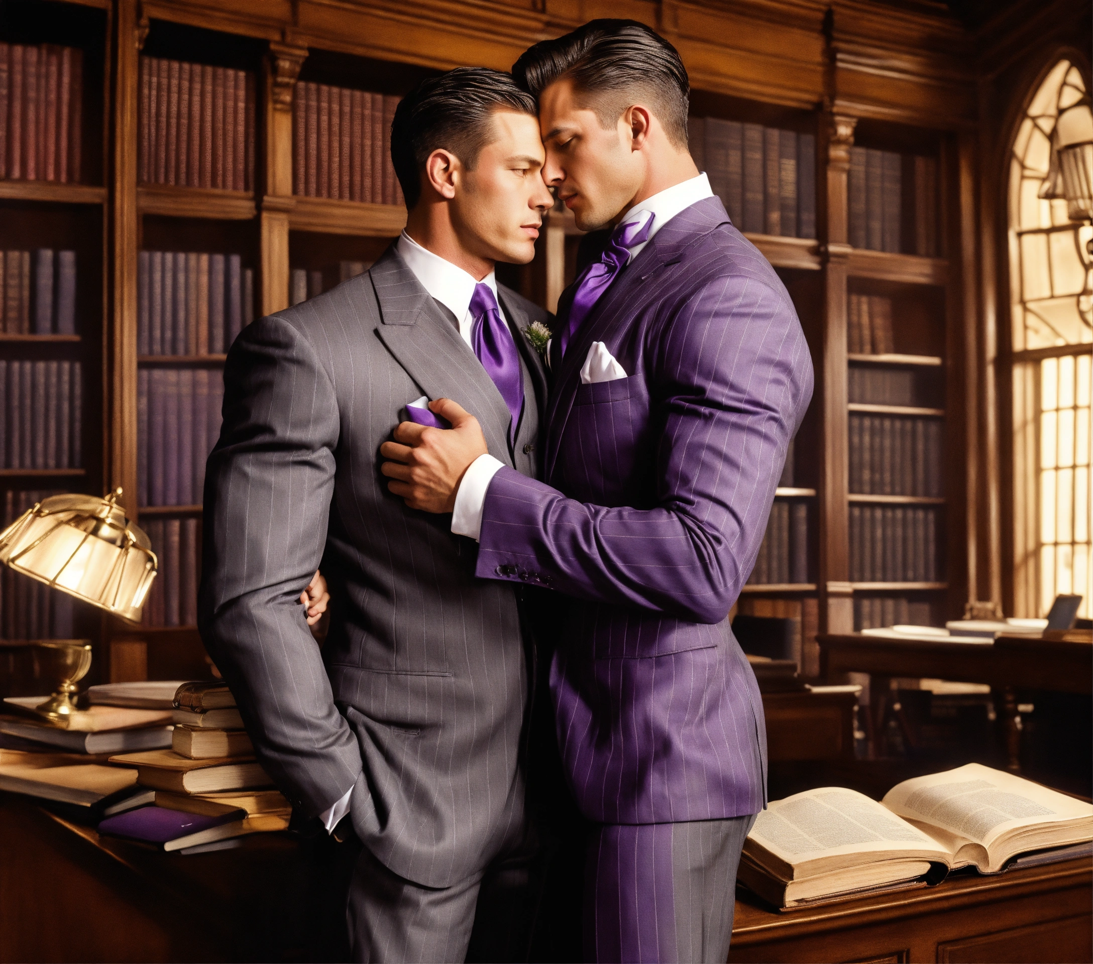 Lexica Two muscled male lawyers in grey pinstripe vested suit, black