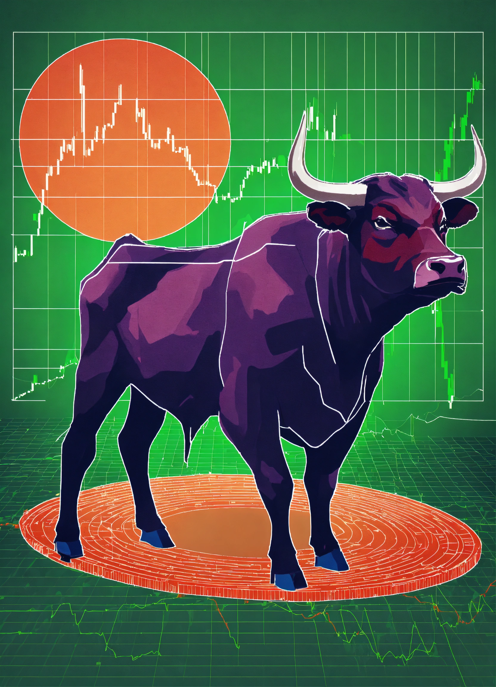 Lexica - A bull with cryptos below and a graph showing spike in green