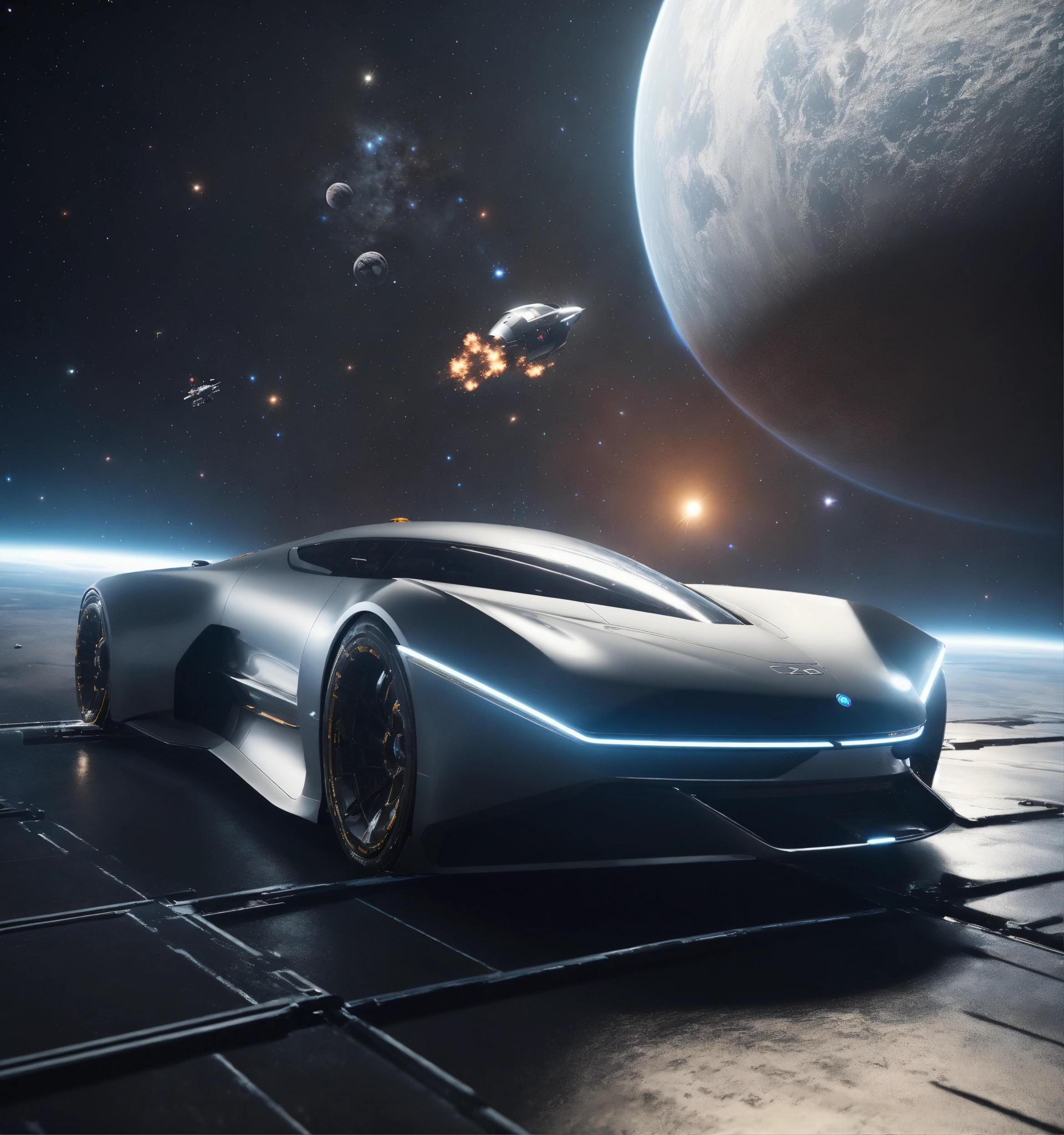 Lexica - Luxurious sleek gray space car shooting out in deep space ...