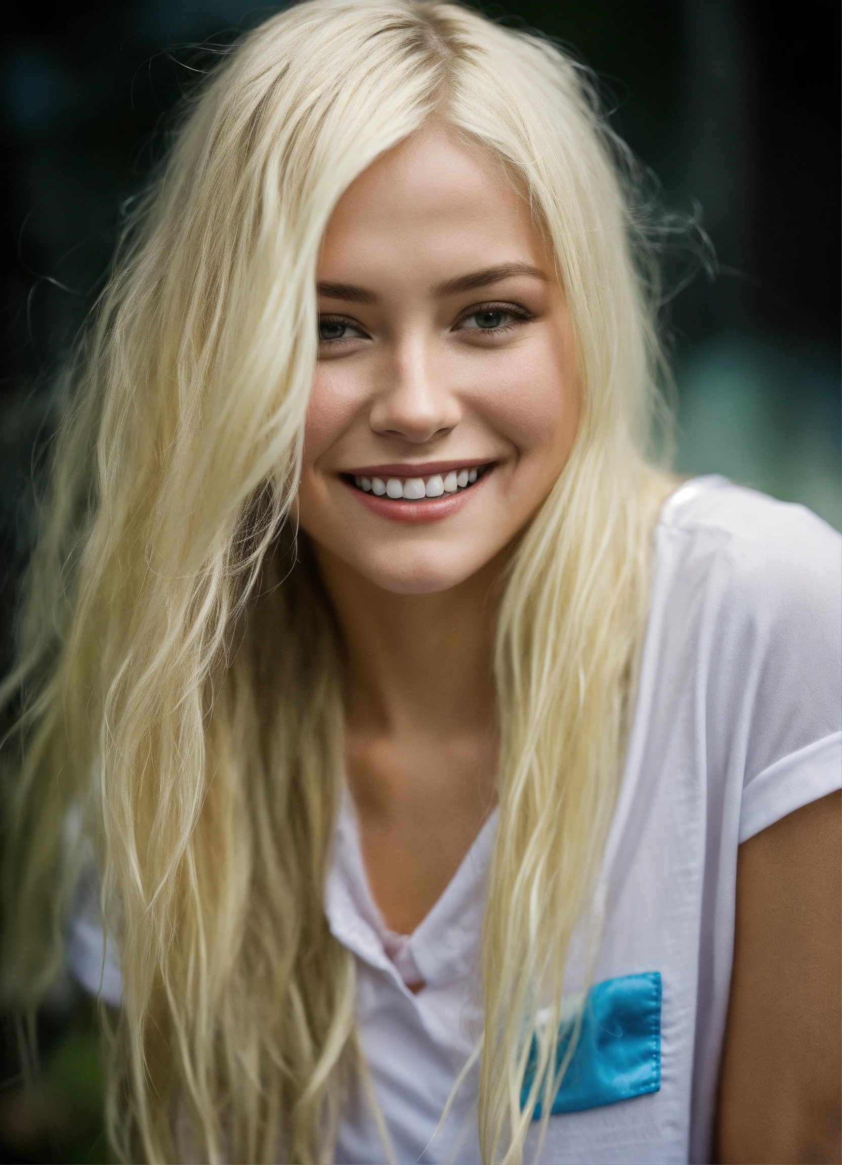 Lexica - Platinum blond girl, long wet hair, mischievous smile, leaned ...