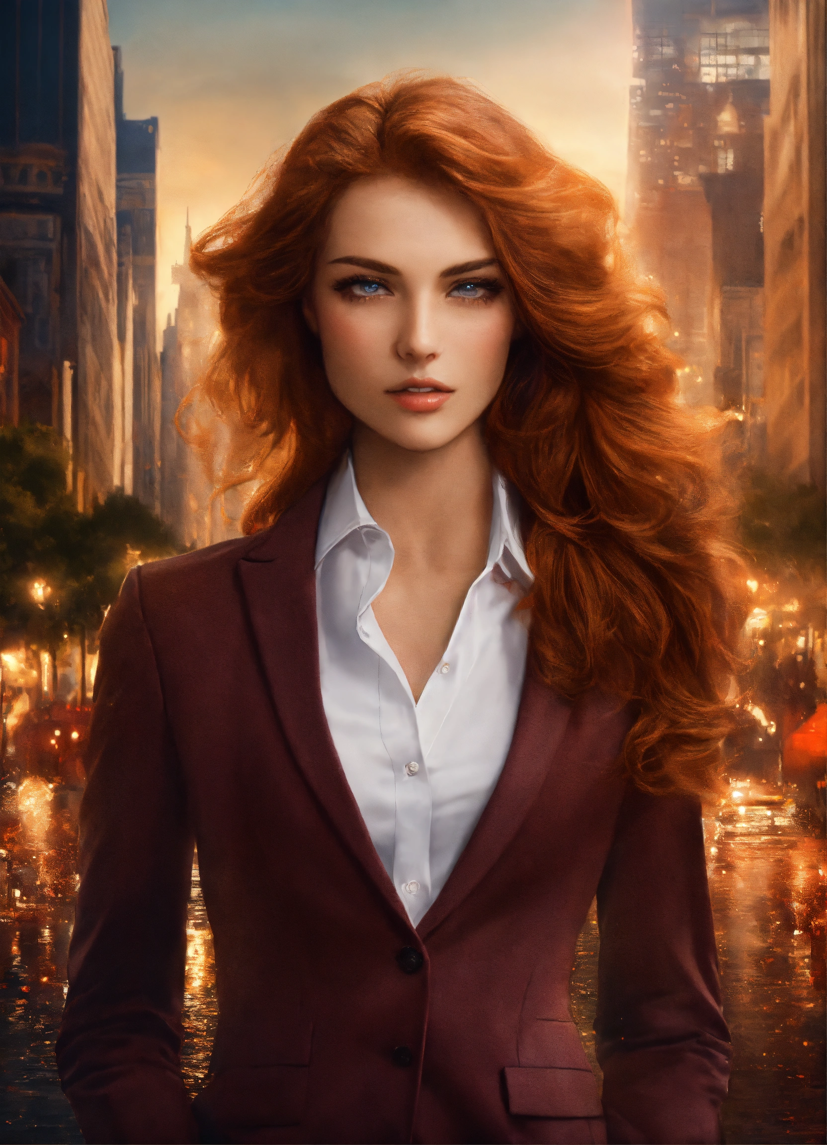 Lexica - Photograph of a beautiful woman with wavy auburn hair ...
