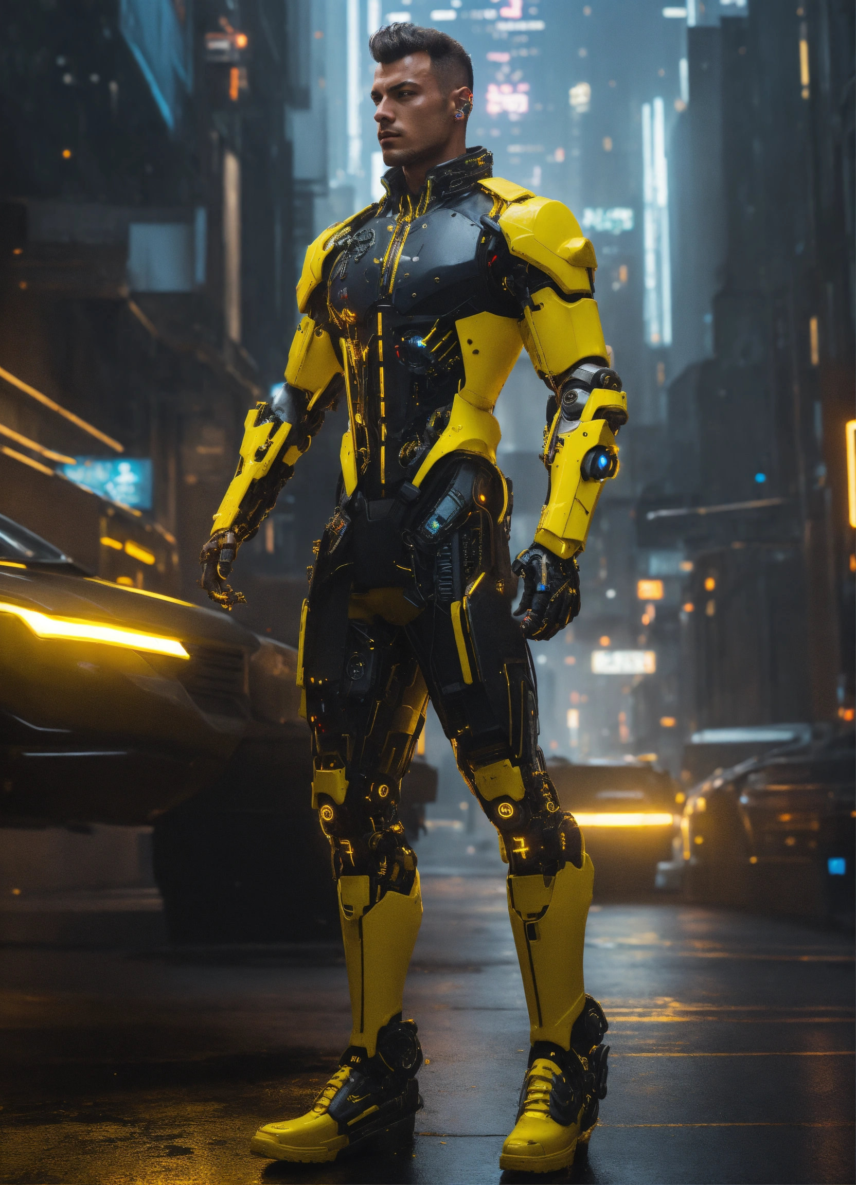 Lexica - Muscular cyberpunk cyborg with yellow cybernetic parts. Mostly ...