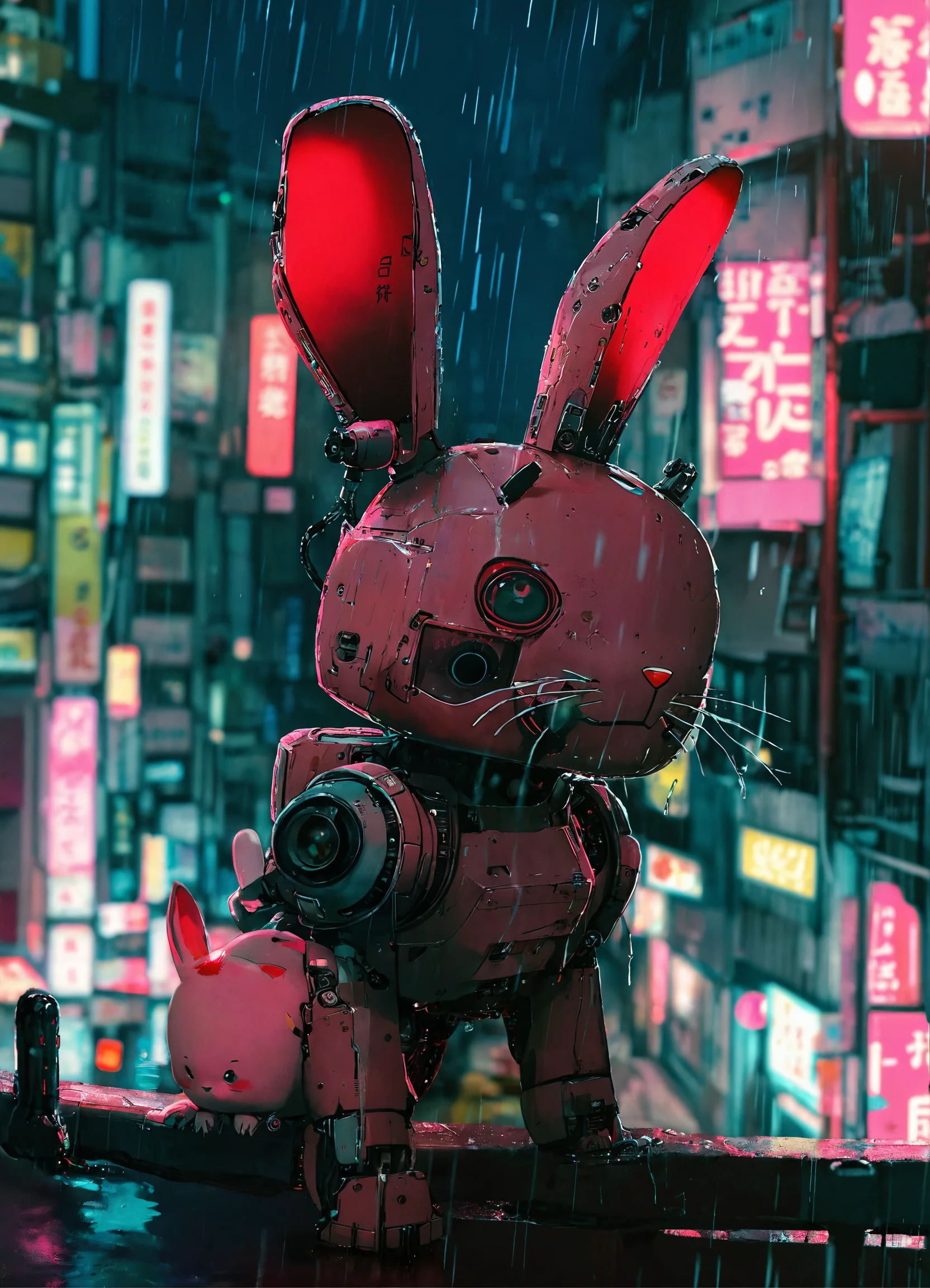 Lexica - Cyberpunk anime ghibli robo rabbit art in rainy city tokyo night