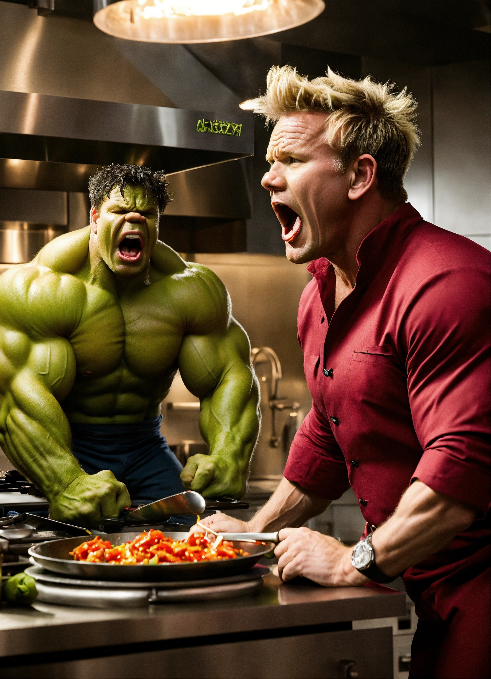 Lexica - Gordon ramsay screaming at hulk in a kitchen