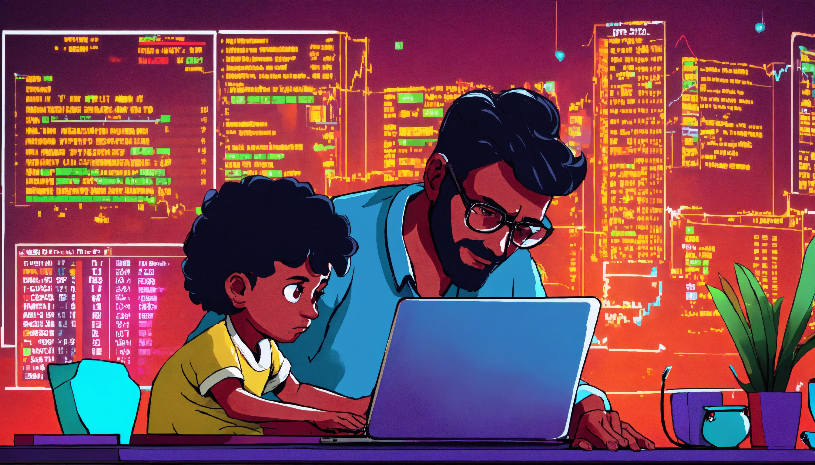 Lexica - Indian man with baby son coding on laptop with stock trading ...
