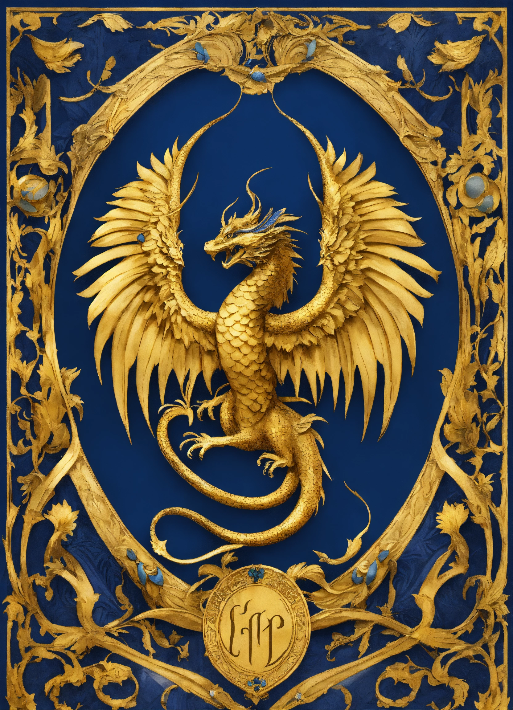 Lexica - Basilisk coat of arms, art nouveau, roccoco, navy blue and gold