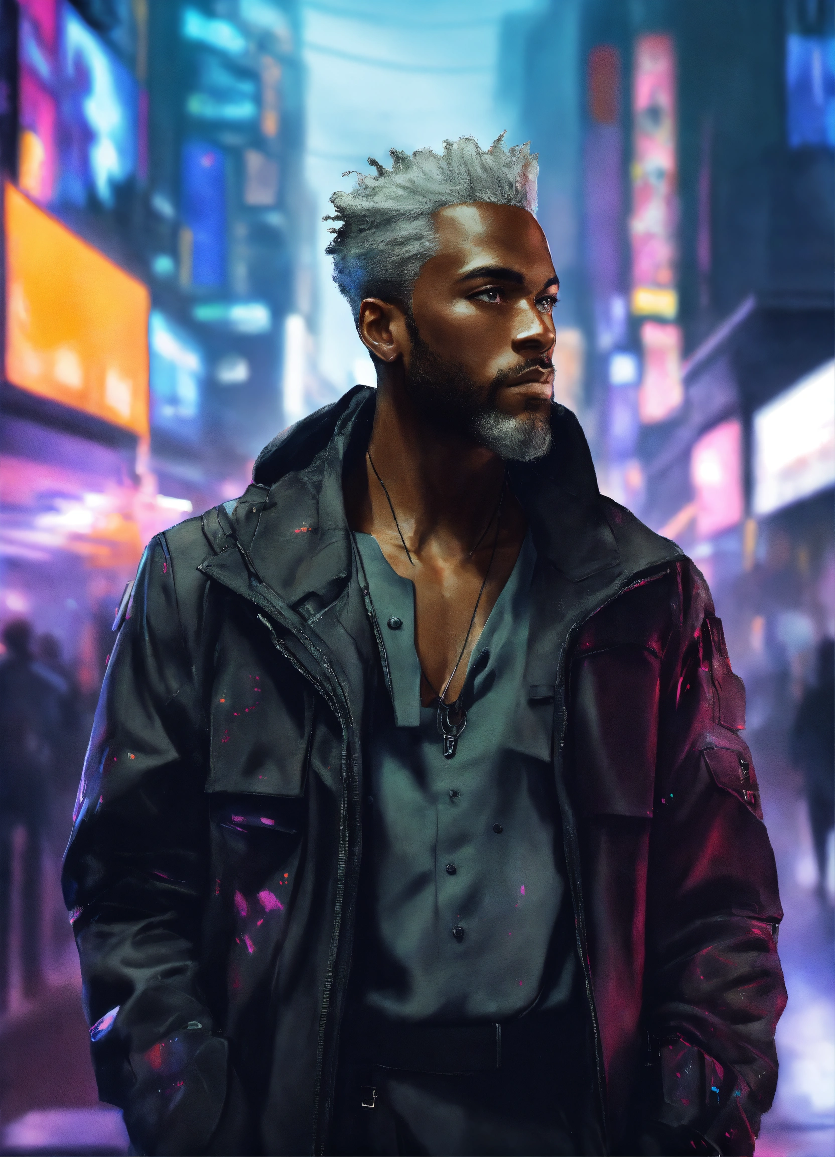 Lexica - A black man with grey hair in the cyberpunk city