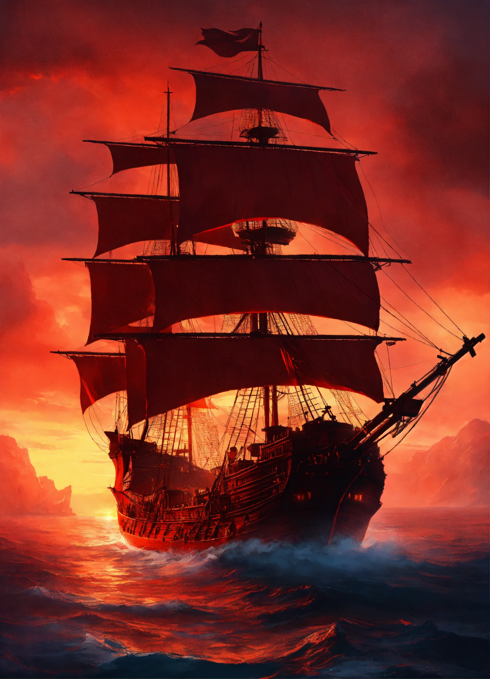 Lexica - A Huge Red Arabic Pirate Ship, With Crimson Sails, On A Battle 