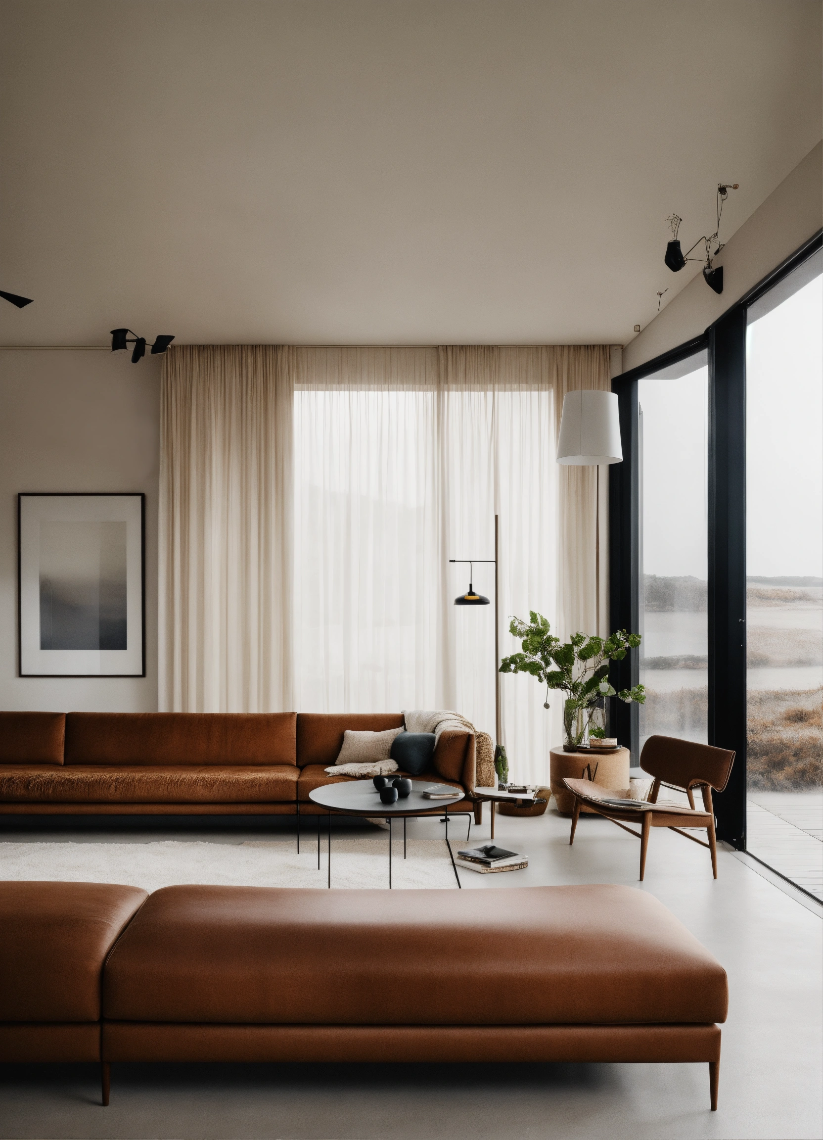 Lexica - A living room with minimalist forniture and a storm inside