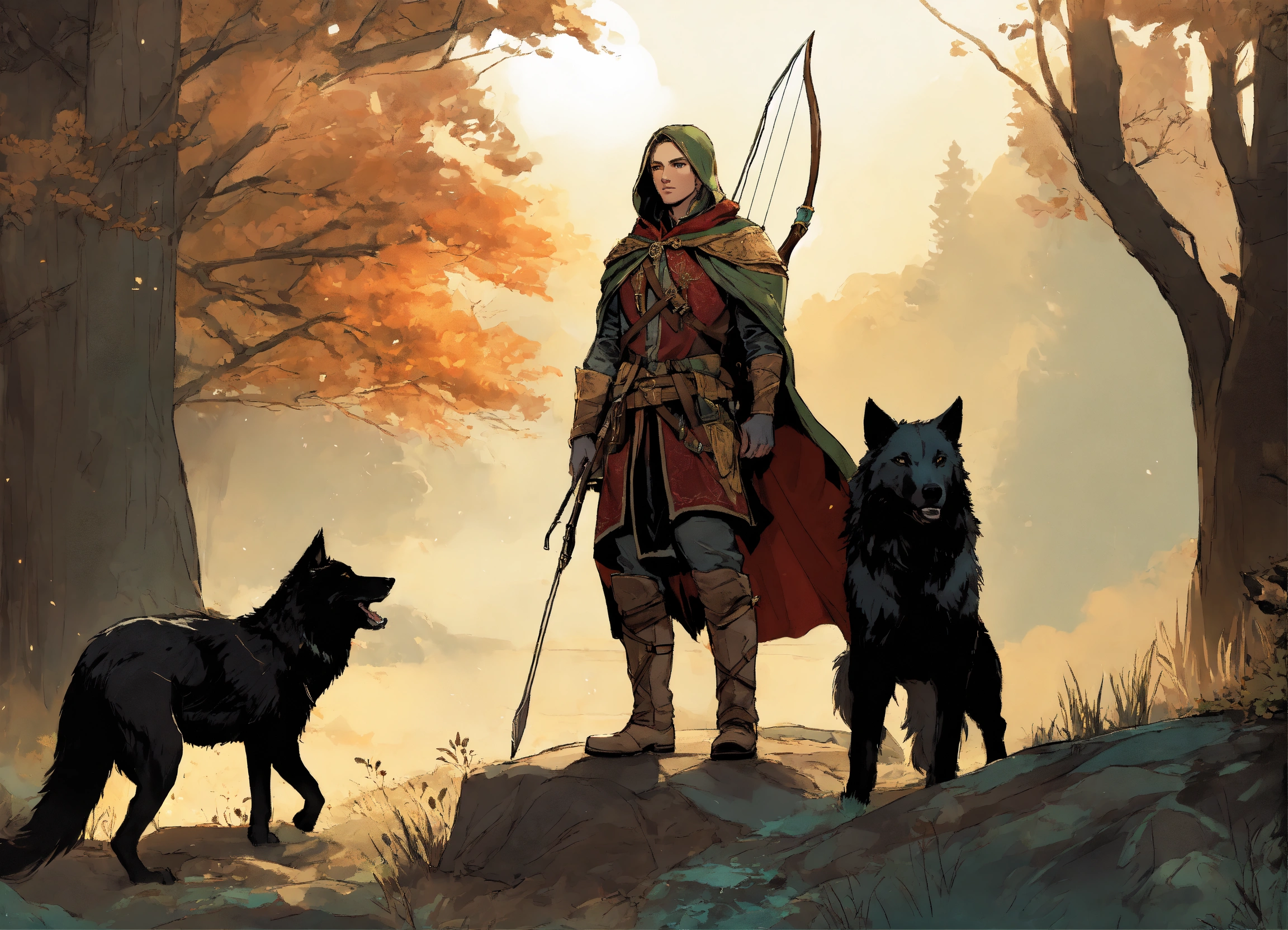 Lexica - Full body image, Elven Ranger with cloak and bow, with a wolf ...
