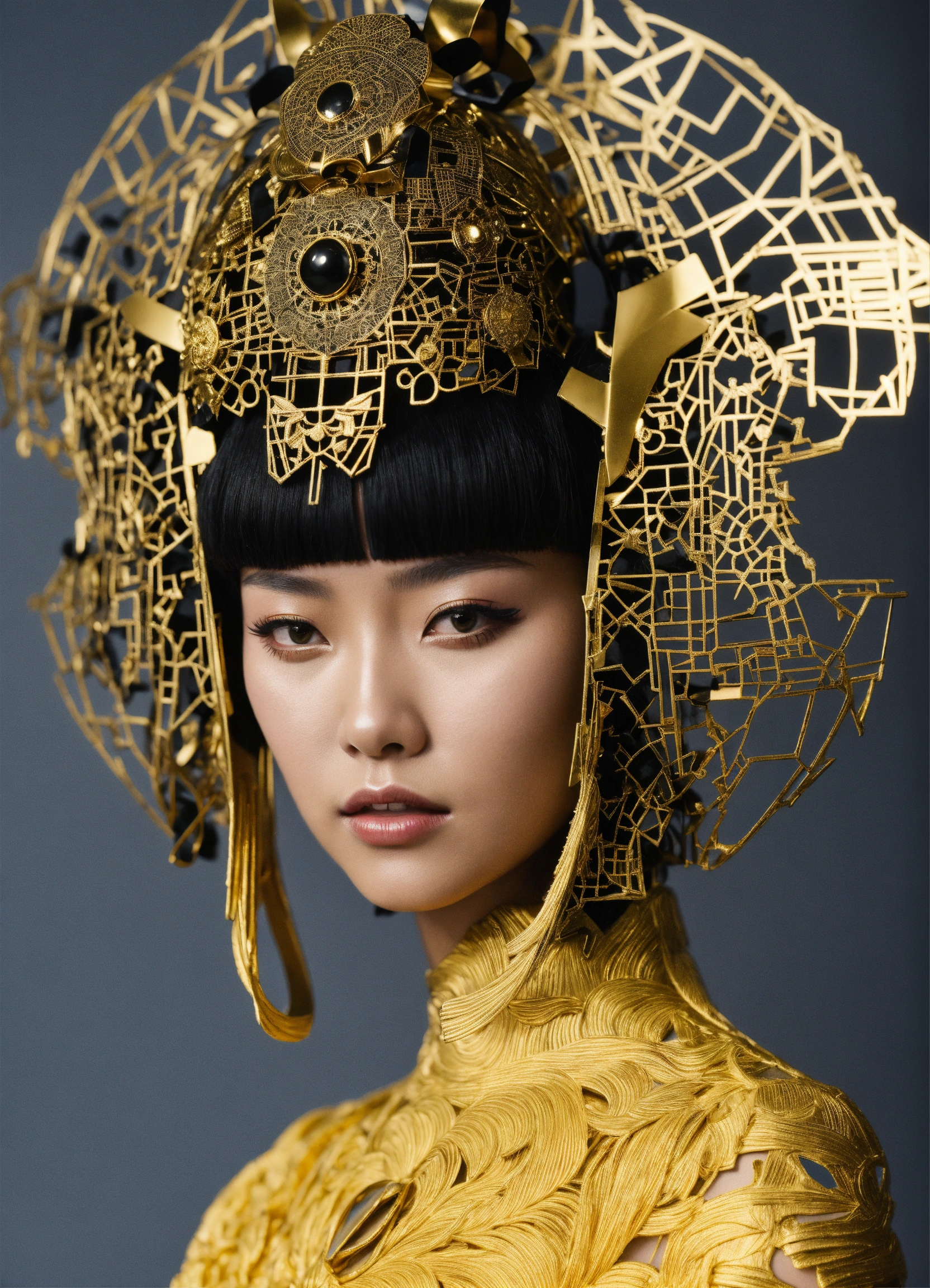 Lexica - A black and gold 3D printed headpiece designed by Eiko Ishioka ...