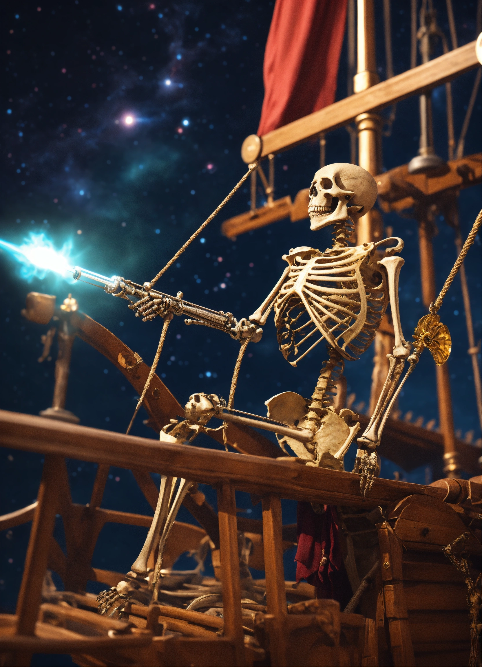 Lexica - A skeleton sherrif on a medieval ship in space. He is firing a ...