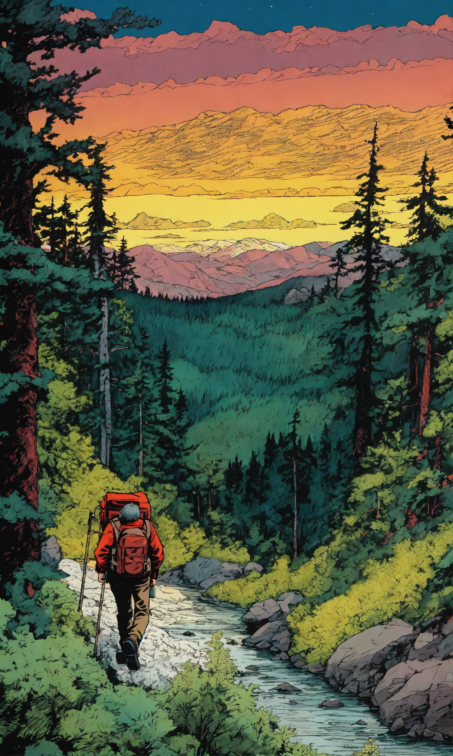 Lexica - Detailed pen and ink illustration of a man hiking in the ...