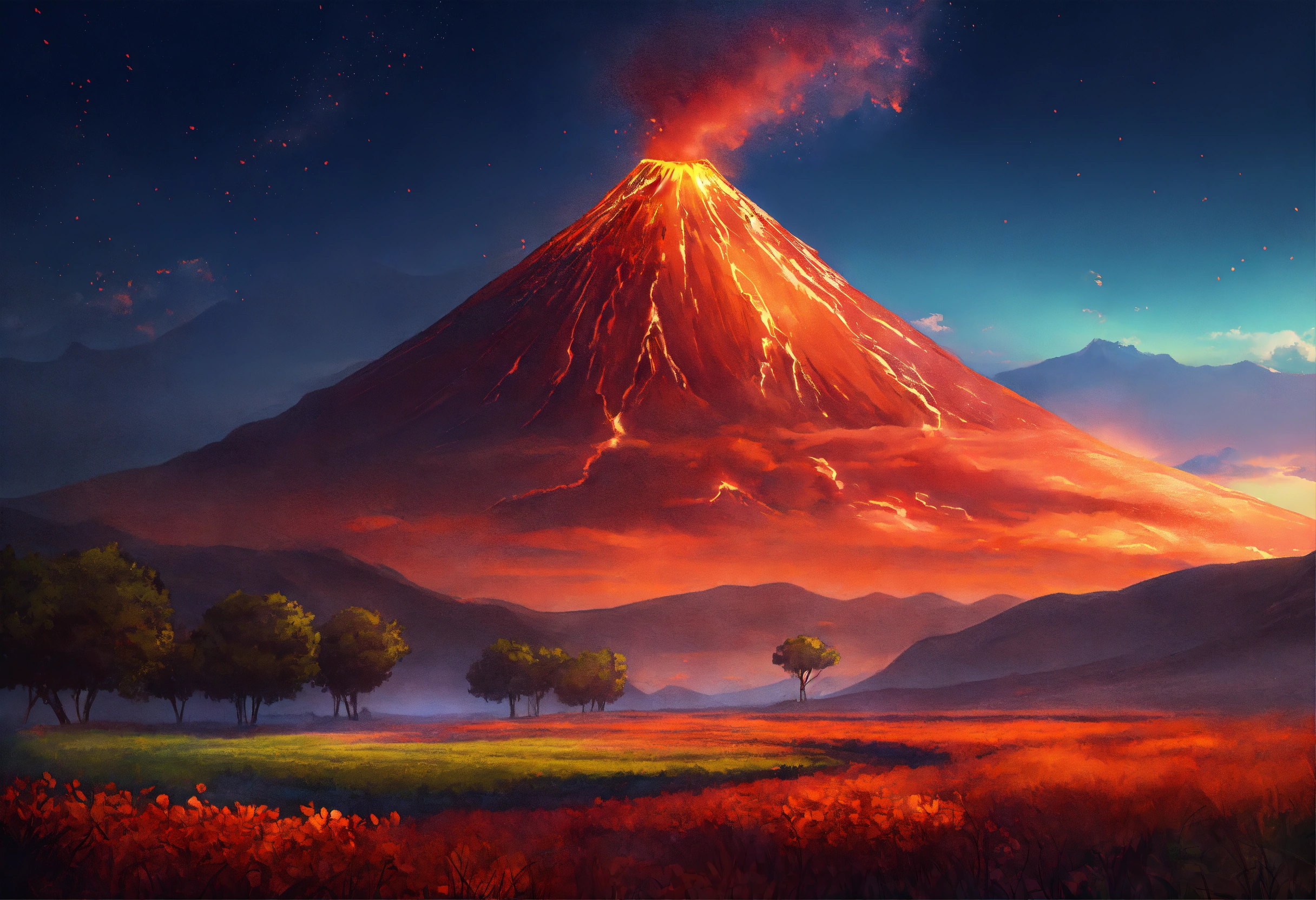 Lexica - Fantasy field sunset volcano on the field