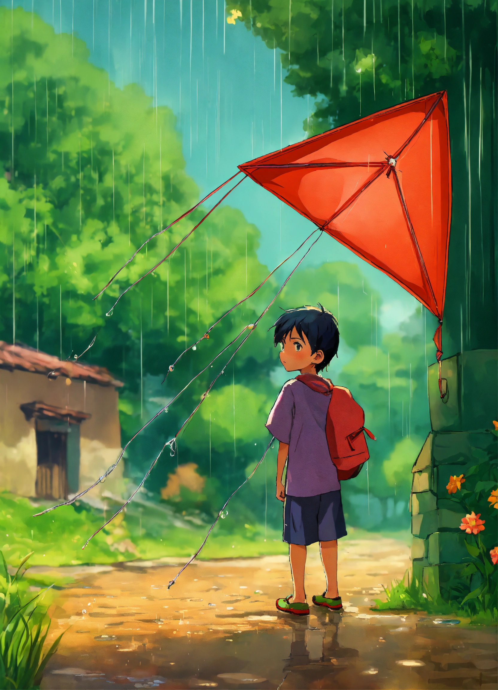Lexica - Rain , village, boy, Green, cartoon, kite