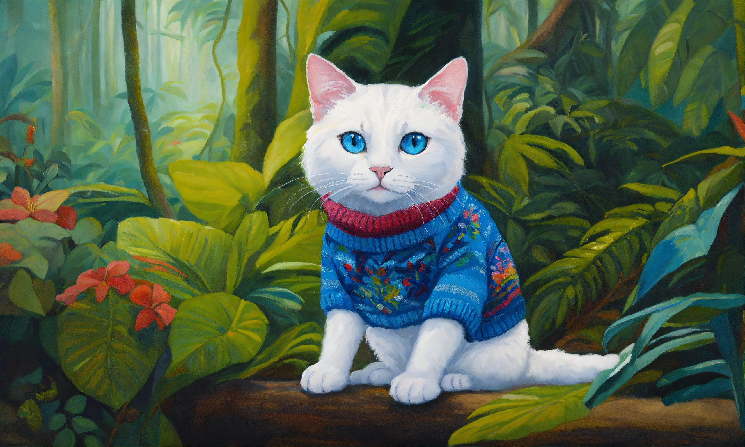 Lexica - Oil painting of a white cat, blue eyes, sitting in a lush ...