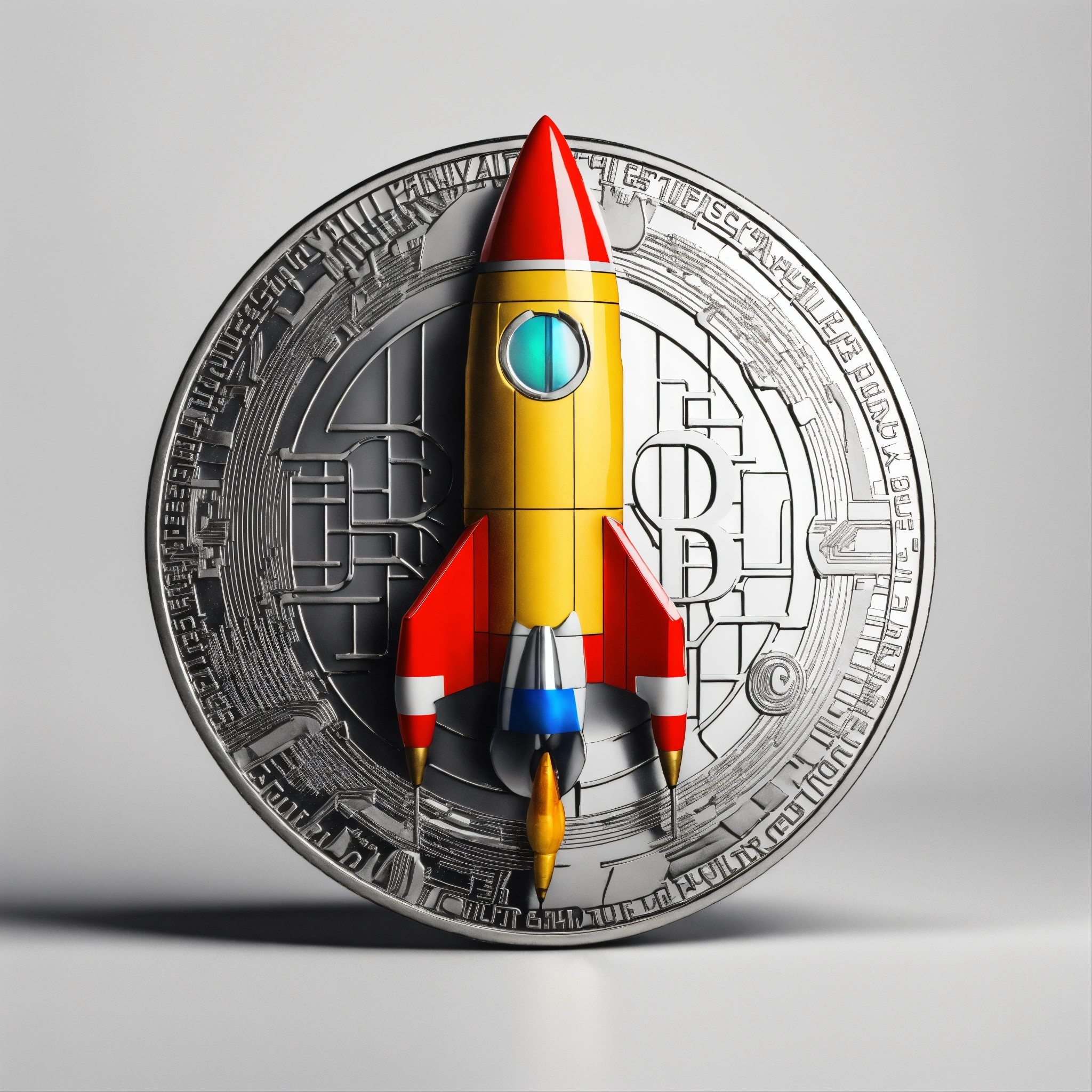 Lexica - Silver crypto coin with a rocket white background