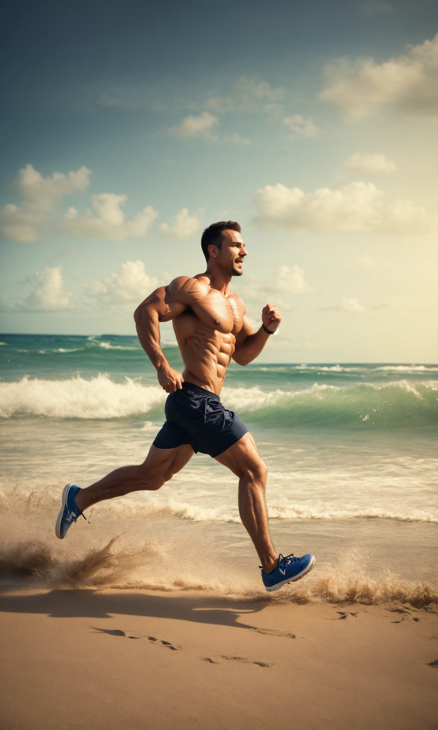Lexica - Picture of a muscular man running on a tropical beach