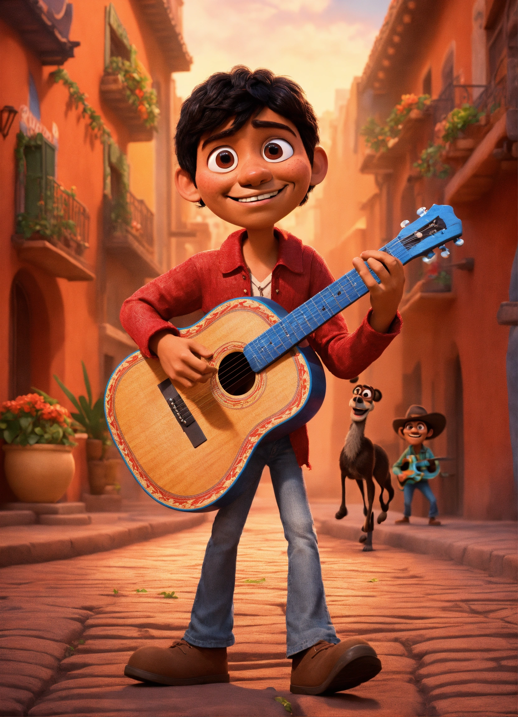 Lexica - Make Disney Pixar poster ambience like Coco movie. The character  is a man. The man wearing red cloth. The men is holding a guitar. The man  h