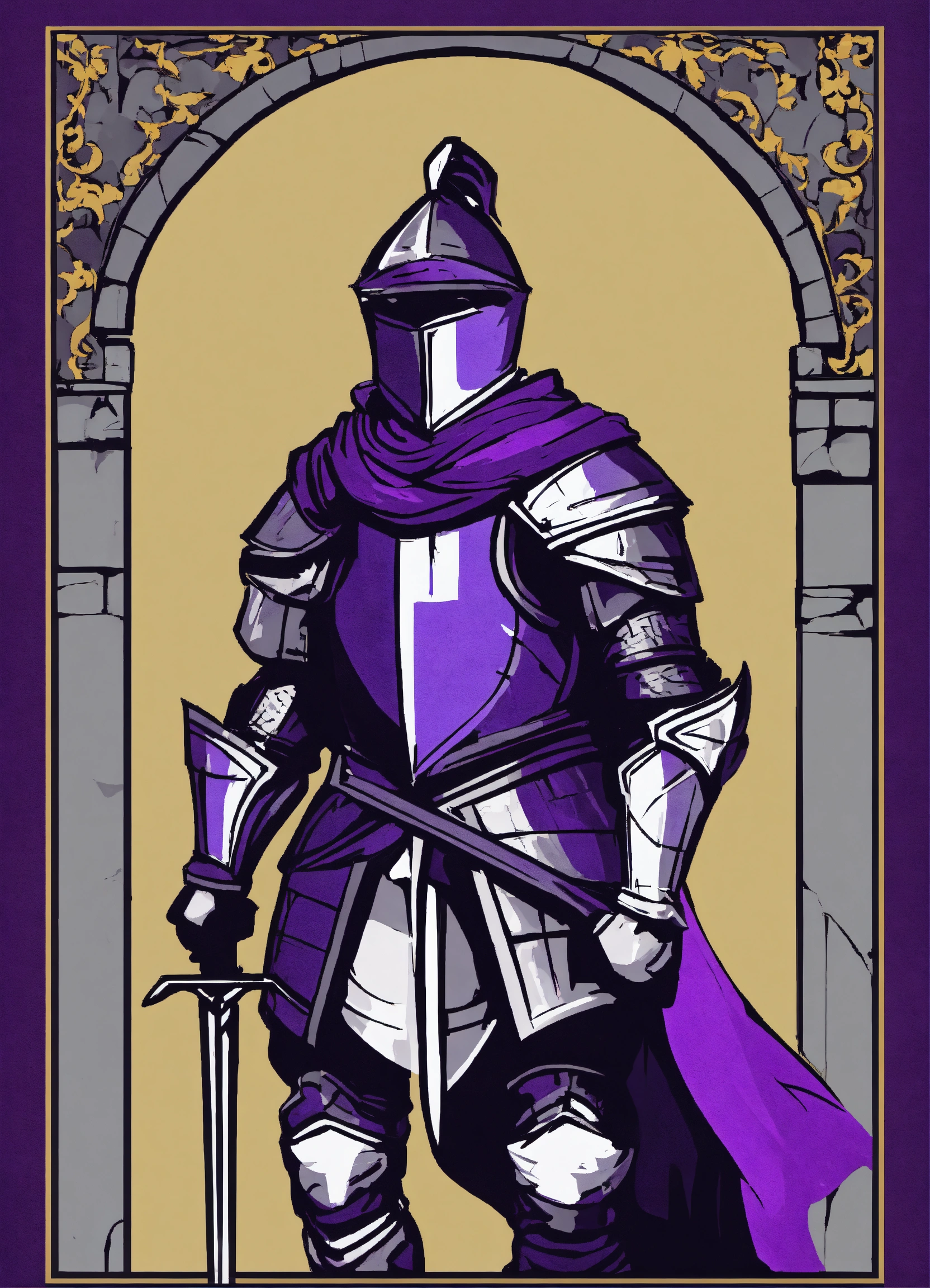 Lexica - A vibrant medieval knight, black, purple, black, gray, minimalism
