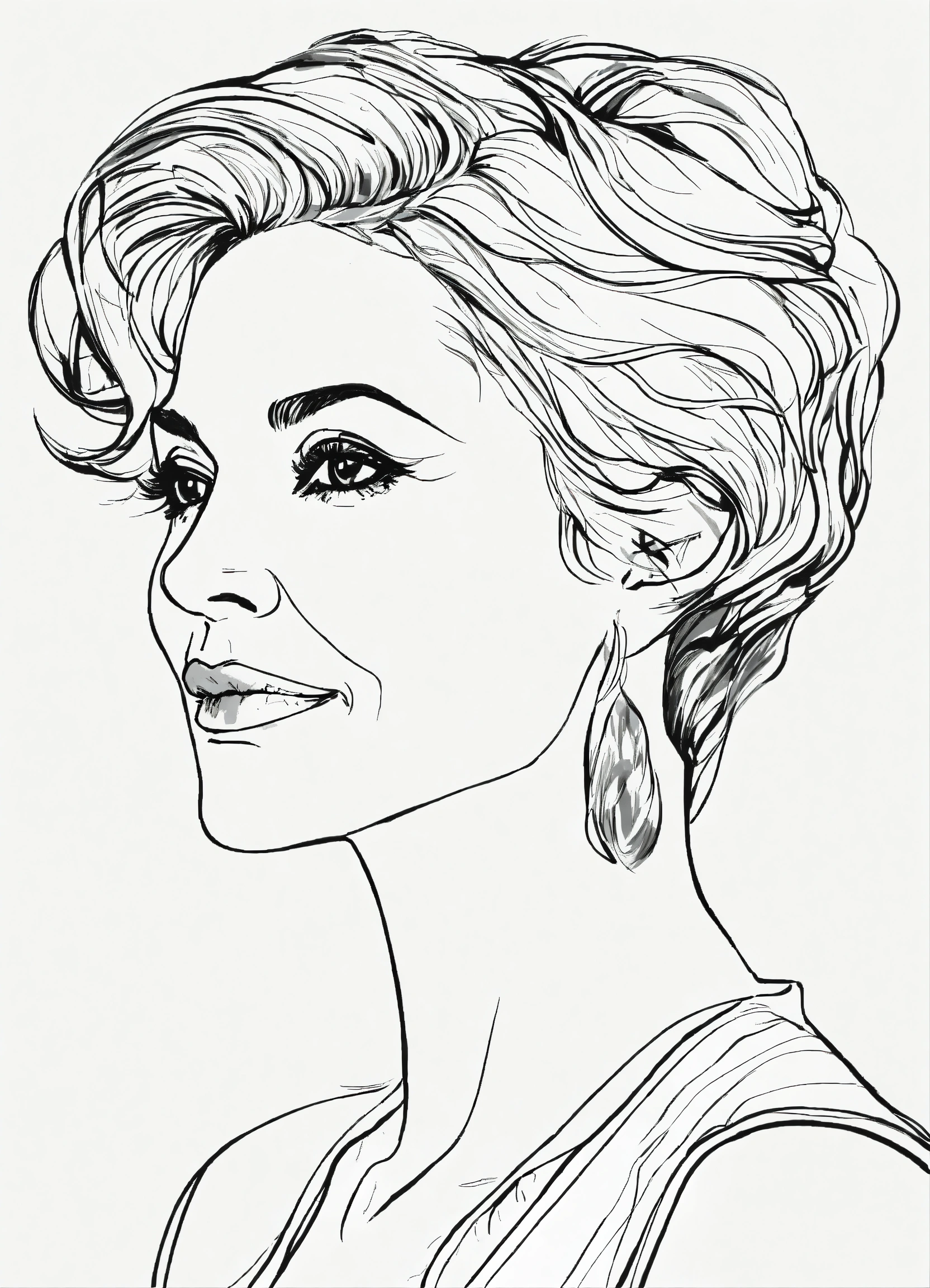 Lexica Black and white bold line drawing, beautiful older woman