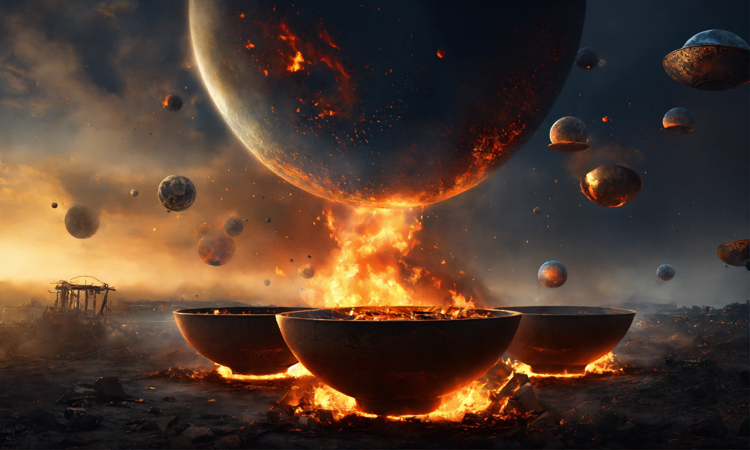 Lexica - Seven bowls are floating in the sky, and there is destruction ...