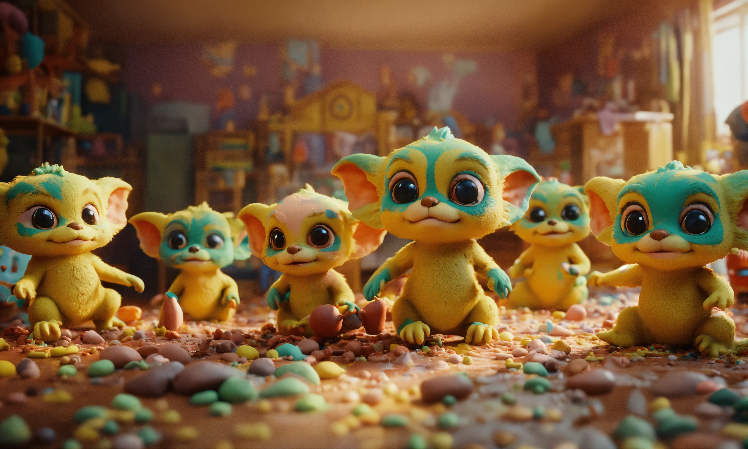 Lexica - 3d effect of cute clay many baby gremlins play around causes ...